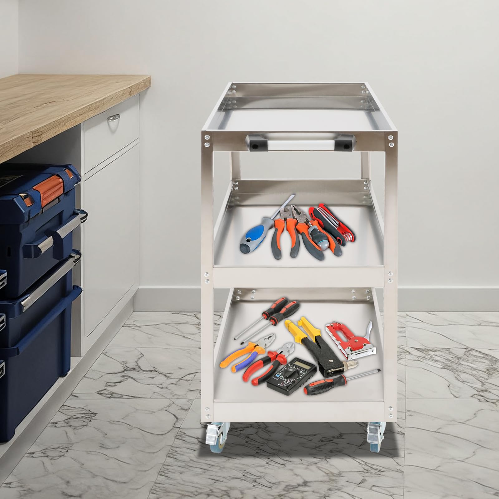 Edelstahl Servierwagen, 80x48x90cm Transportwagen, Rollwagen Werkstatt, Materialwagen mit Rädern für Lager, Werkstätten