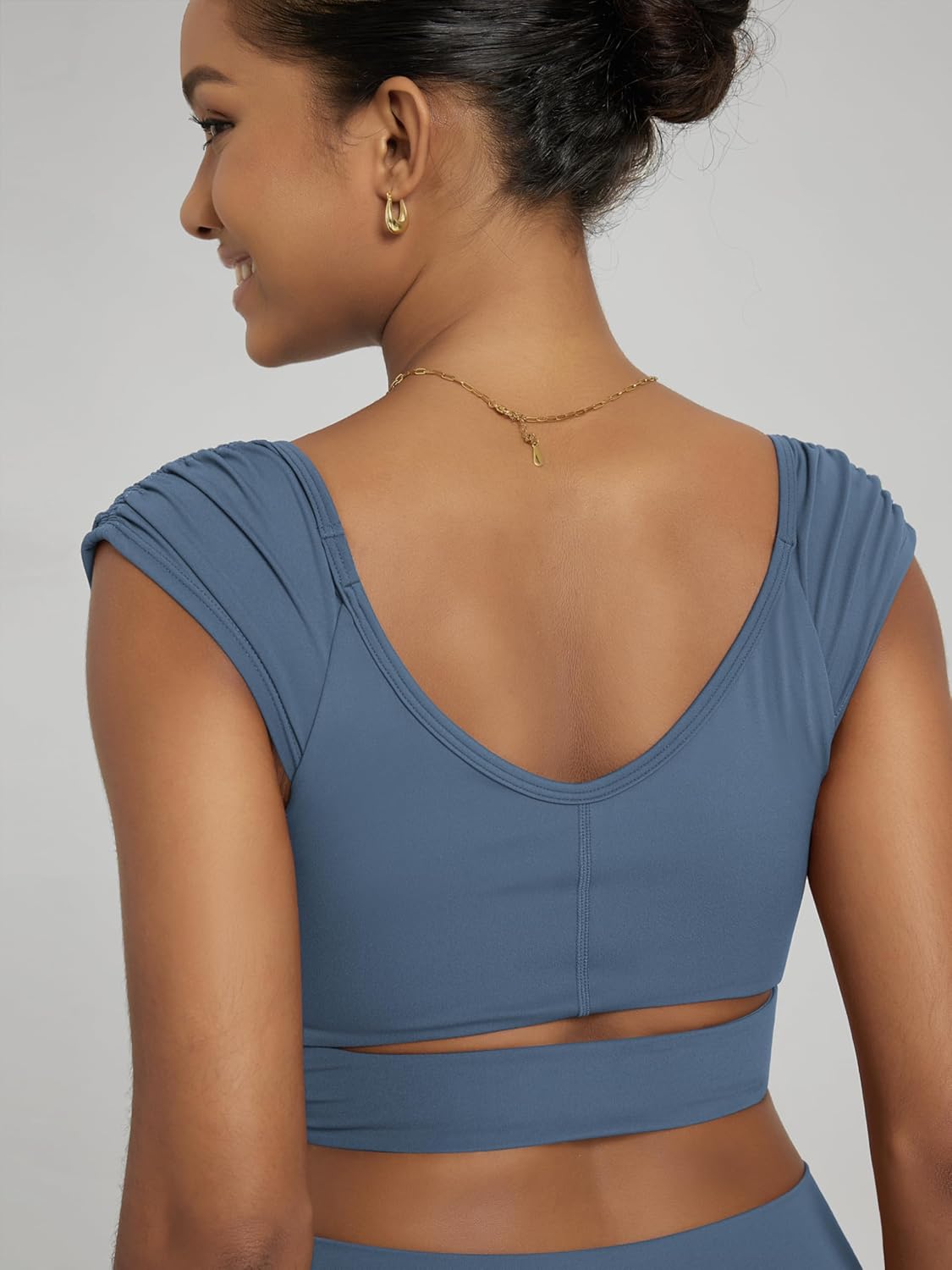 ODODOS Ruched Front Crop Tank for Women V-Neck Cut Out Back Cap Sleeve Cropped Tops - Image 4