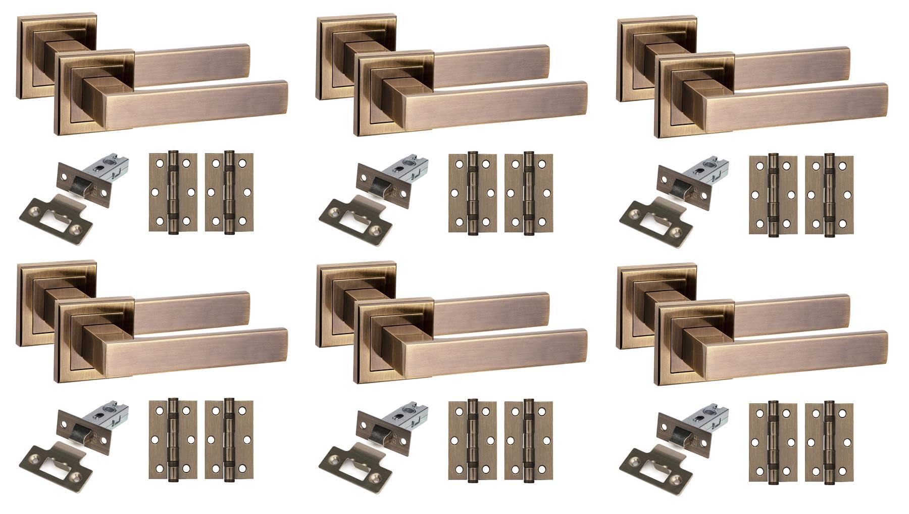 Golden Grace Antique Brass 6 Set Delta Design Square Rose Door Handles With Latch And Ball Bearing Hinges Finish