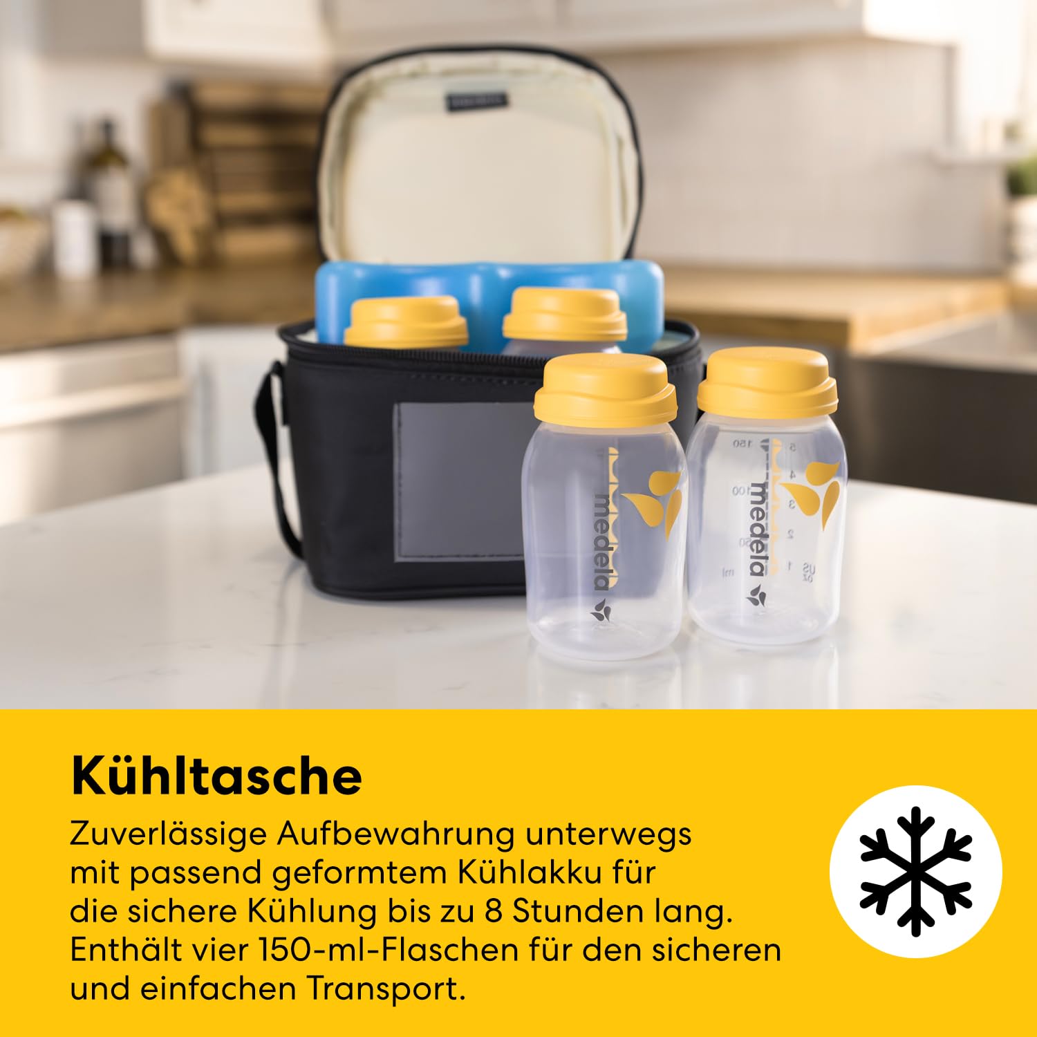 Medela All-in-One Set zur Aufbewahrung von Muttermilch mit 150ml-Flaschen, Easy Pour & wiederverwendbaren Muttermilchbeuteln, Quick Clean Mikrowellenbeuteln & Kühltasche mit passend geformtem Kühlakku
