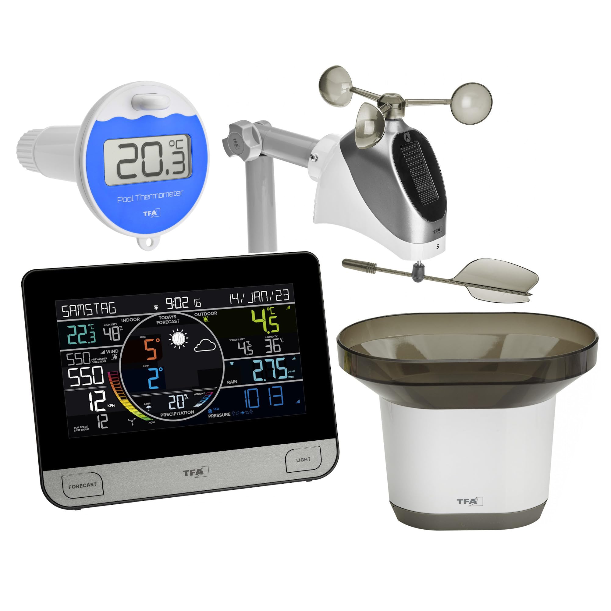 TFA-Dostmann Stazione meteo radio con WiFi VIEW PRO TFA 35.8003.01.89 Pool display a colori, sensore esterno vento/temperatura/umidità, pluviometro pressione atmosferica, app previsioni meteo