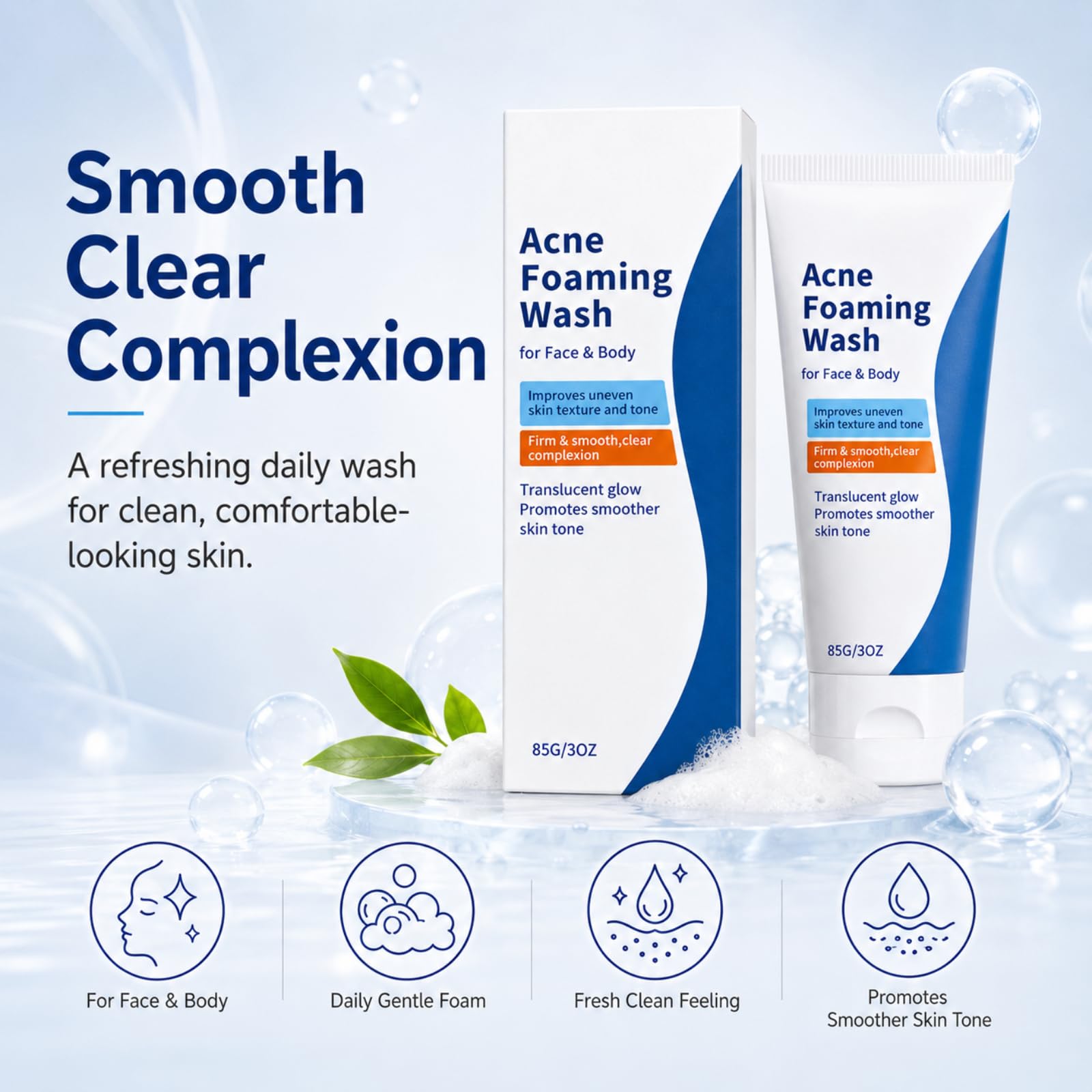 Schiuma detergente anti-acne viso corpo levigante pori 85g | Adatto per viso, petto e schiena, sboccia pori, schiuma morbida liscia e unifica la carnagione