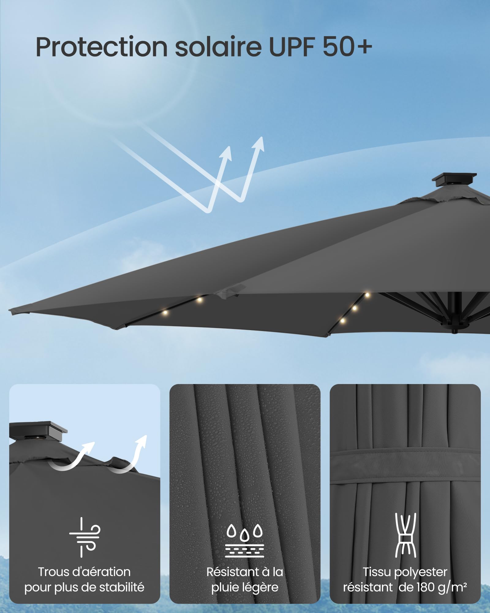 SONGMICS Parasol de Jardin 300 cm, 28 LED Solaires, UPF 50+, Parasol d Extérieur, Pivotant à 360°, Inclinaison Fluide, Manivelle, avec Base en Croix, Gris GPU047G02
