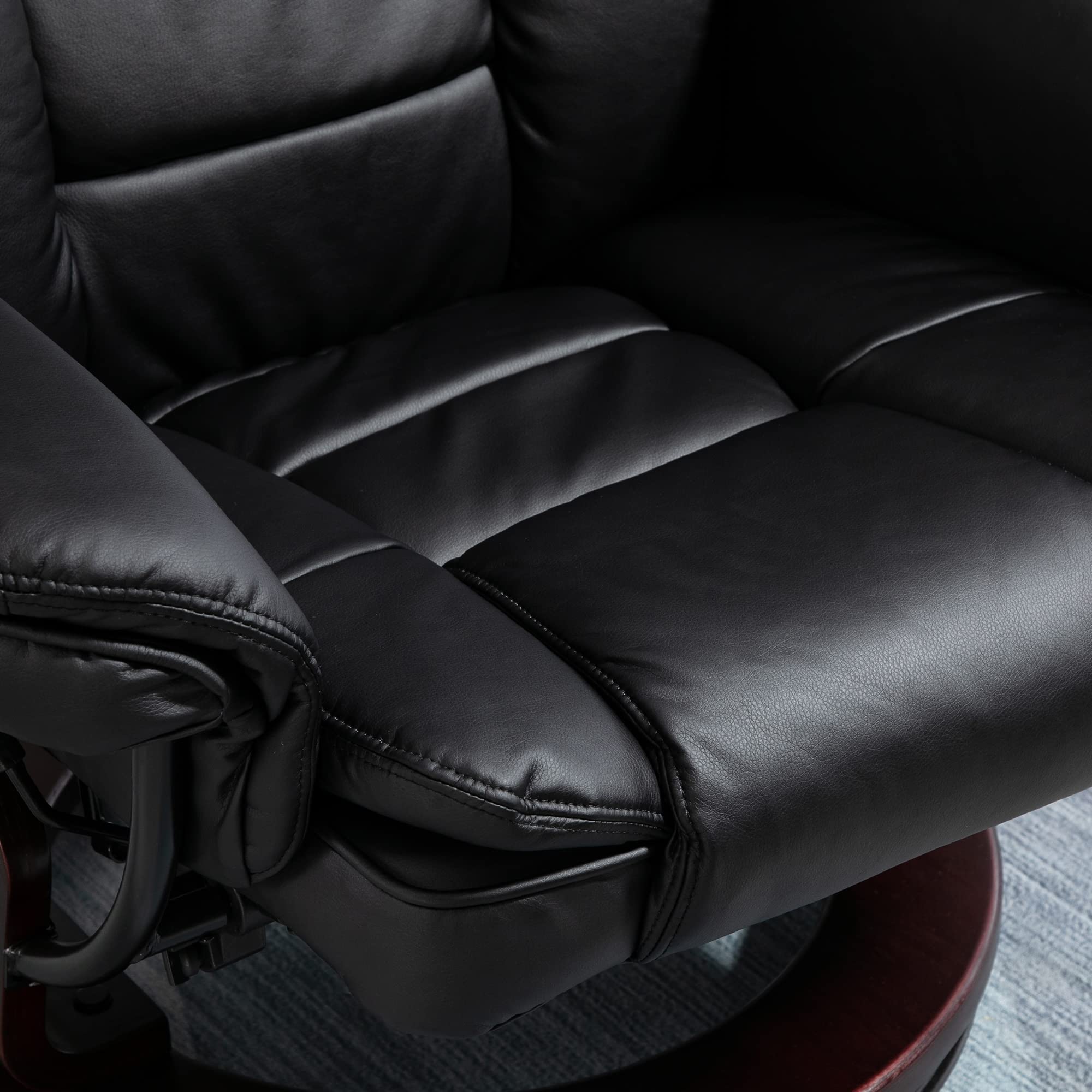 HOMCOM Poltrona con Poggiapiedi Reclinabile 135°, Poltrona Relax Ergonomica Girevole con Pouf, Poggiatesta e Braccioli in Pelle PU per Camera, Ufficio, Soggiorno e Salotto, 85x82x106 cm, Nero