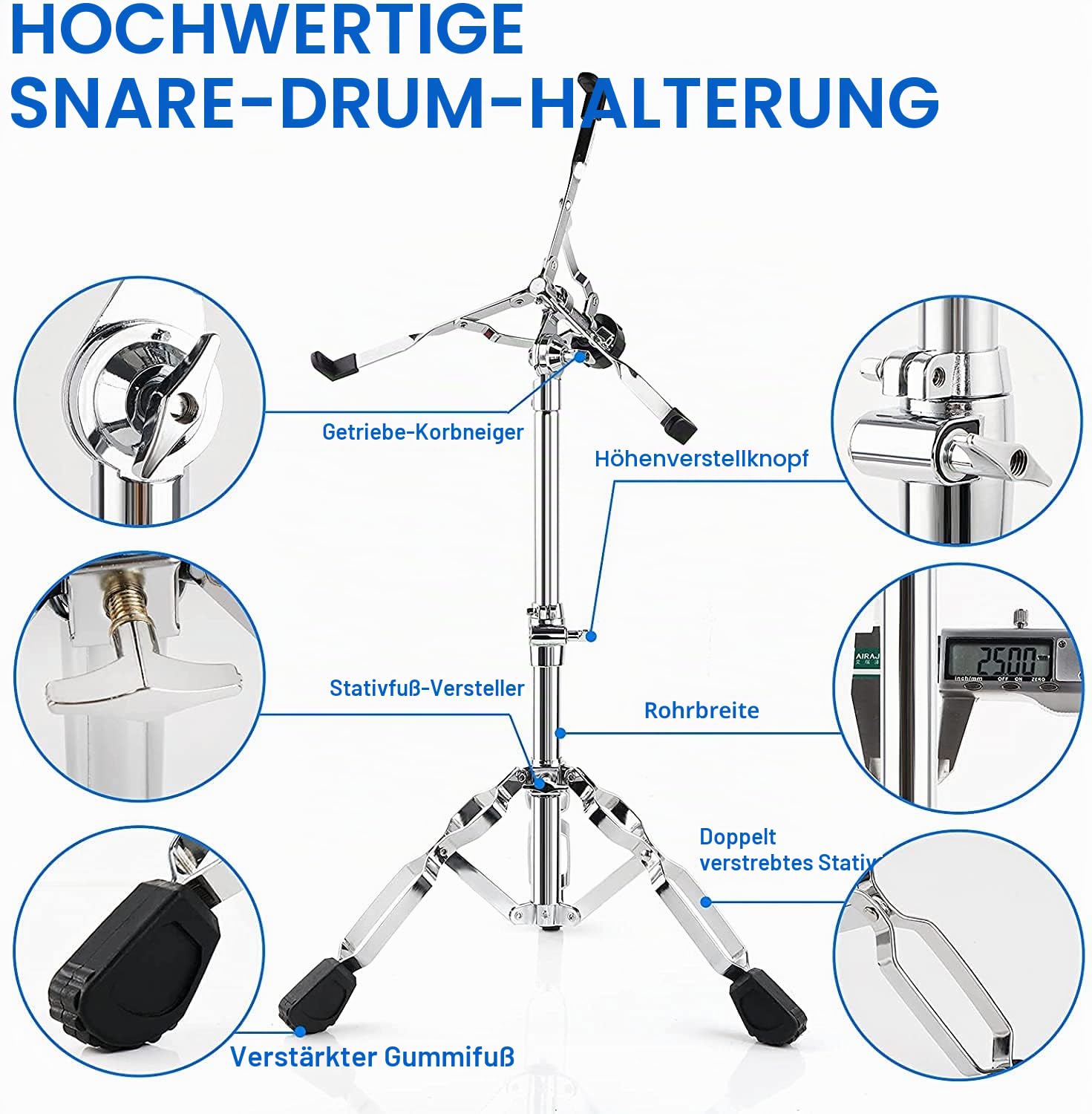 Vangoa Snare-Ständer, Snare Stand, Höhe Einstellbar 46 65cm,Handpan ständer mit TragetascheBreite,Stufenlose höhen neigungsverstellung,Doppelstrebig Stativ, Gummifüße