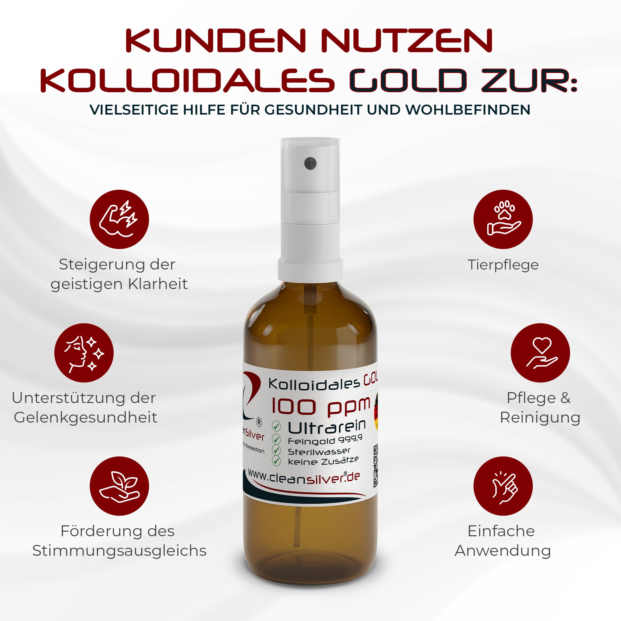 CleanSilver Kolloidales Gold 100 ppm 100ml Spray, Ultrarein: Sterilwasser und Feingold 99,99% - Made in Germany- Stets frische Herstellung - keine Lagerware!