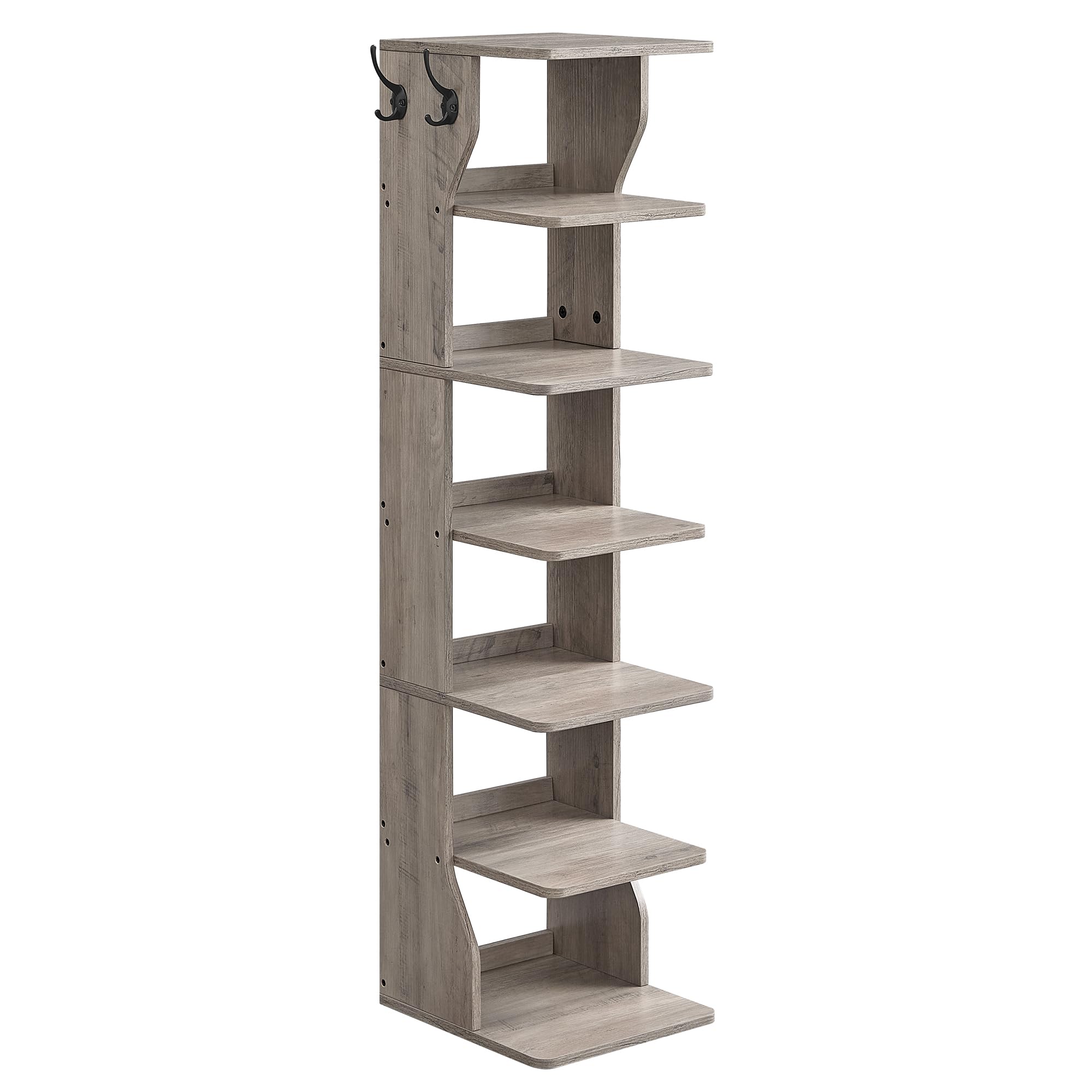 VASAGLE 7-Tier Vertical Shoe Rack, Narrow Shoe Storage Organizer with Hooks, Slim Corner Shoe Tower Rack, Space Saving for Entryway and Bedroom, Heather Greige ULBS200L01