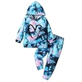 Toddler Baby Girls Clothes Long-sleeve Tie Dye Hoodie Pullover and Sweatpants Heart Print Hooded Outfits Set