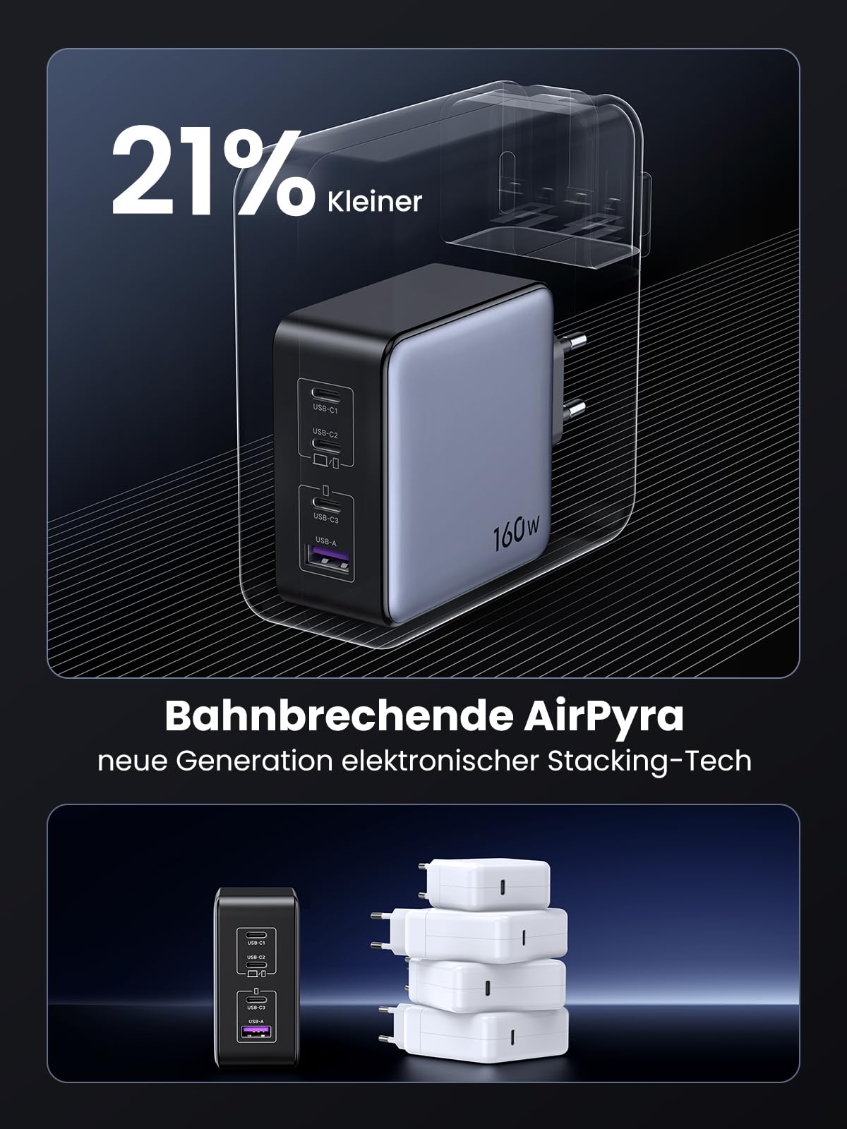 UGREEN USB-C Ladegerät, Nexode X 160W PD 3.1 Netzteil 140W GaN Charger 4-Port Schnellladegerät PPS 45W Kompatibel mit MacBook Pro 16“ 2021, iPhone 17, Galaxy S25 Ultra