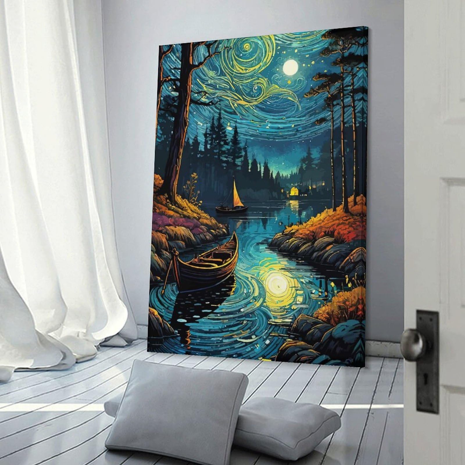 Junmoney Frame-Style-11 Starry Night Lake Home Decor Wall Art 24X36inch(60X90cm), For Lounge, Study, Hallway Or Flat Walls, Stylish Home Artwork For Focal Walls
