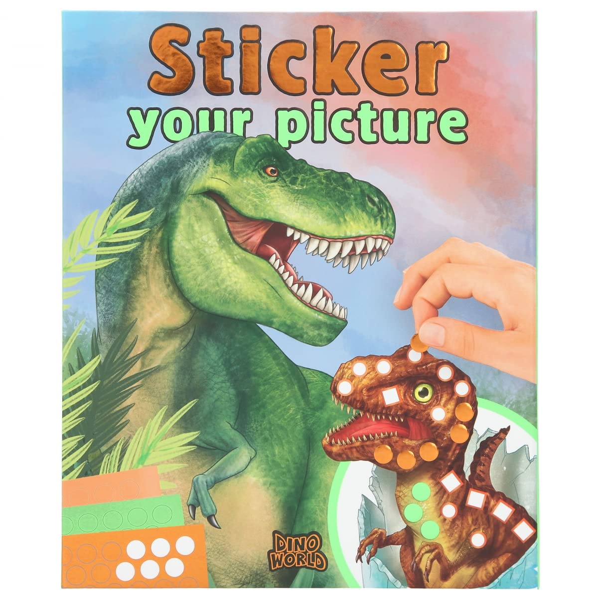 Depesche 11882 Dino World Sticker Your Picture Sticker Book with 25 Pages of Dinosaur, Jungle and Prehistoric Designs to Complement with 10 Sticker Sheets in Different Shapes and Colours