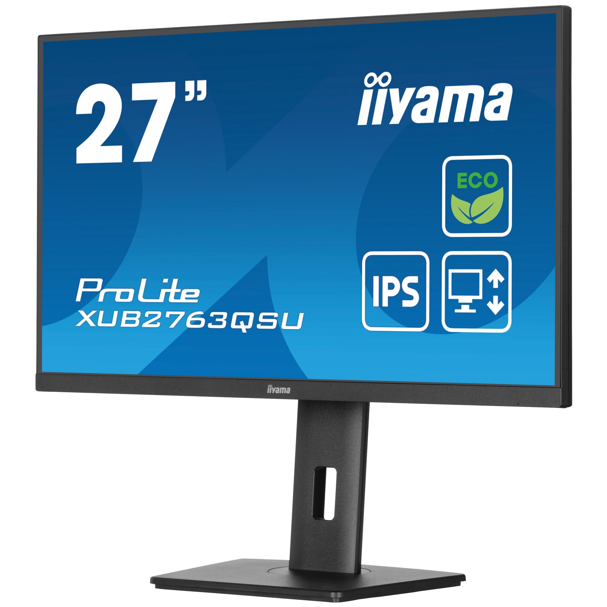 Ecran iiyama Prolite XUB2763QSU-B1 Slim,IPS, 2560x1440@100Hz, 2ms, 350cd, DP/HDMI/USB HUB (2x3.2), Haut-parleurs, FreeSync, i-Style, réglable en Hauteur + Pivot, TCO, Green Product