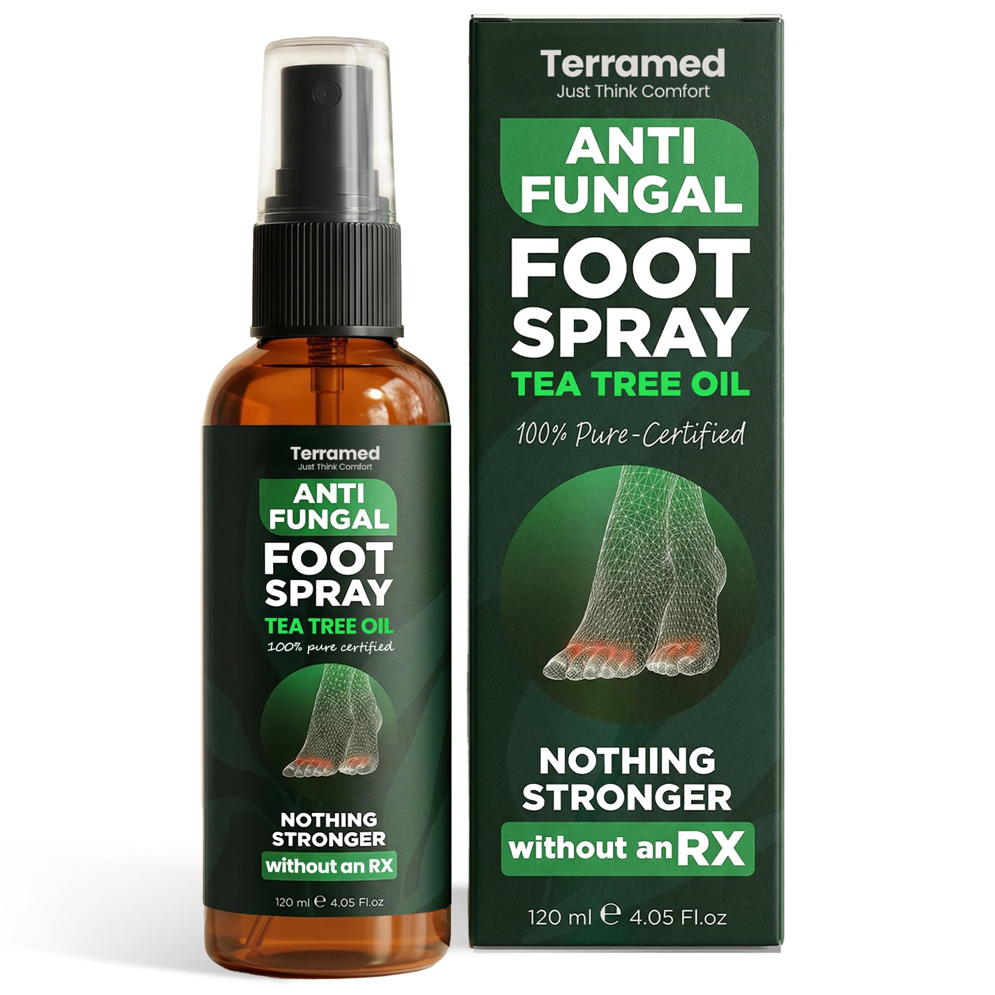Terramed Just Think Comfort Foot Spray with Tea Tree Oil | Antifungal Treatment for Jock Itch, Nail Fungus &amp; Ringworm | Fast Absorbing &amp; Deep Penetrating Relief | Soothes Itching &amp; Burning | 120ml