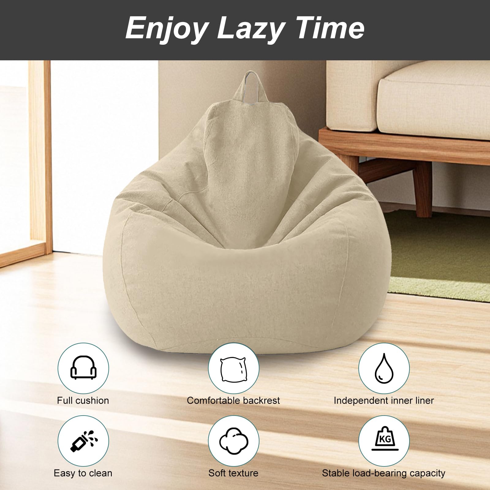 Housse Pouf Poire XL, Housse de Pouf sans Rembourrage(Beige) | 100x120CM Bean Bag avec Poignée Adulte/ Kinder, Housse Pouf pour Chambre, Salon, Exterieur