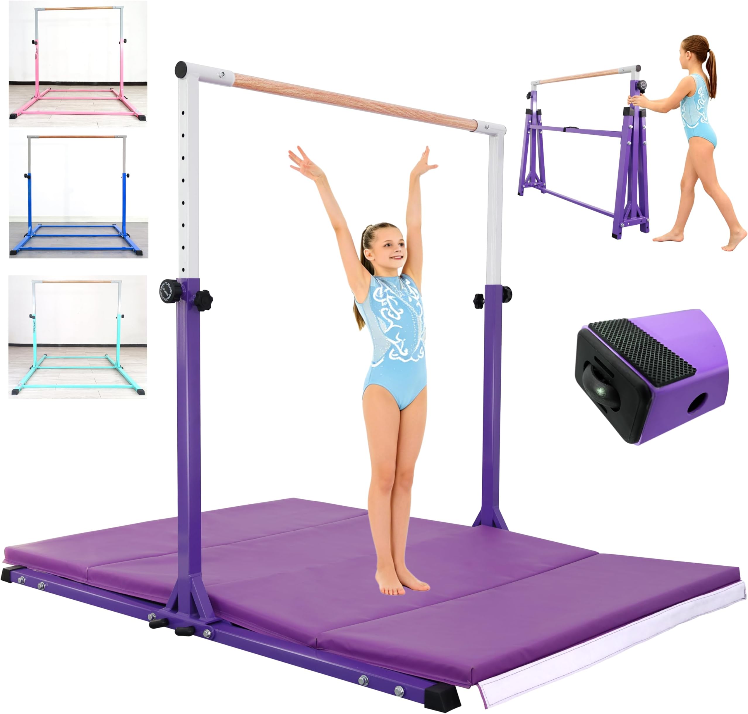 Seliyoo Foldable Gymnastics Bar for Kids Teens Ages 3-18, 5FT/6FT Kip Training Bar -Sturdy Base for Home Training,Adjustable Height 35" to 59" for, 400 LBS Capacity,Anti-Slip Base & Easy Assembly