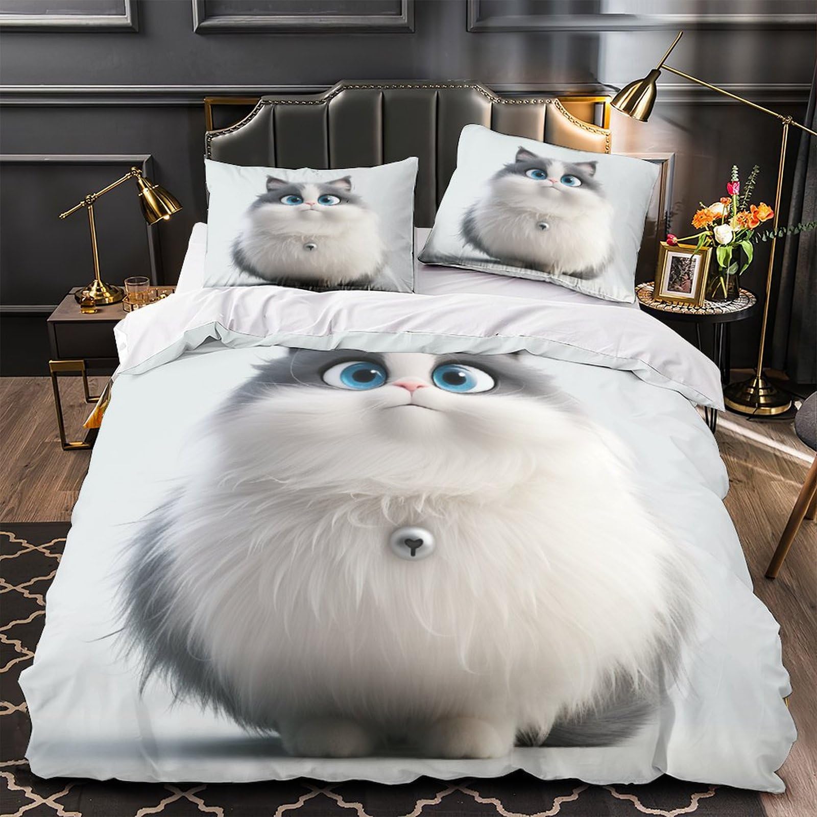 Housse de couette chat bleu 260x220cm avec taies d'oreiller super king size