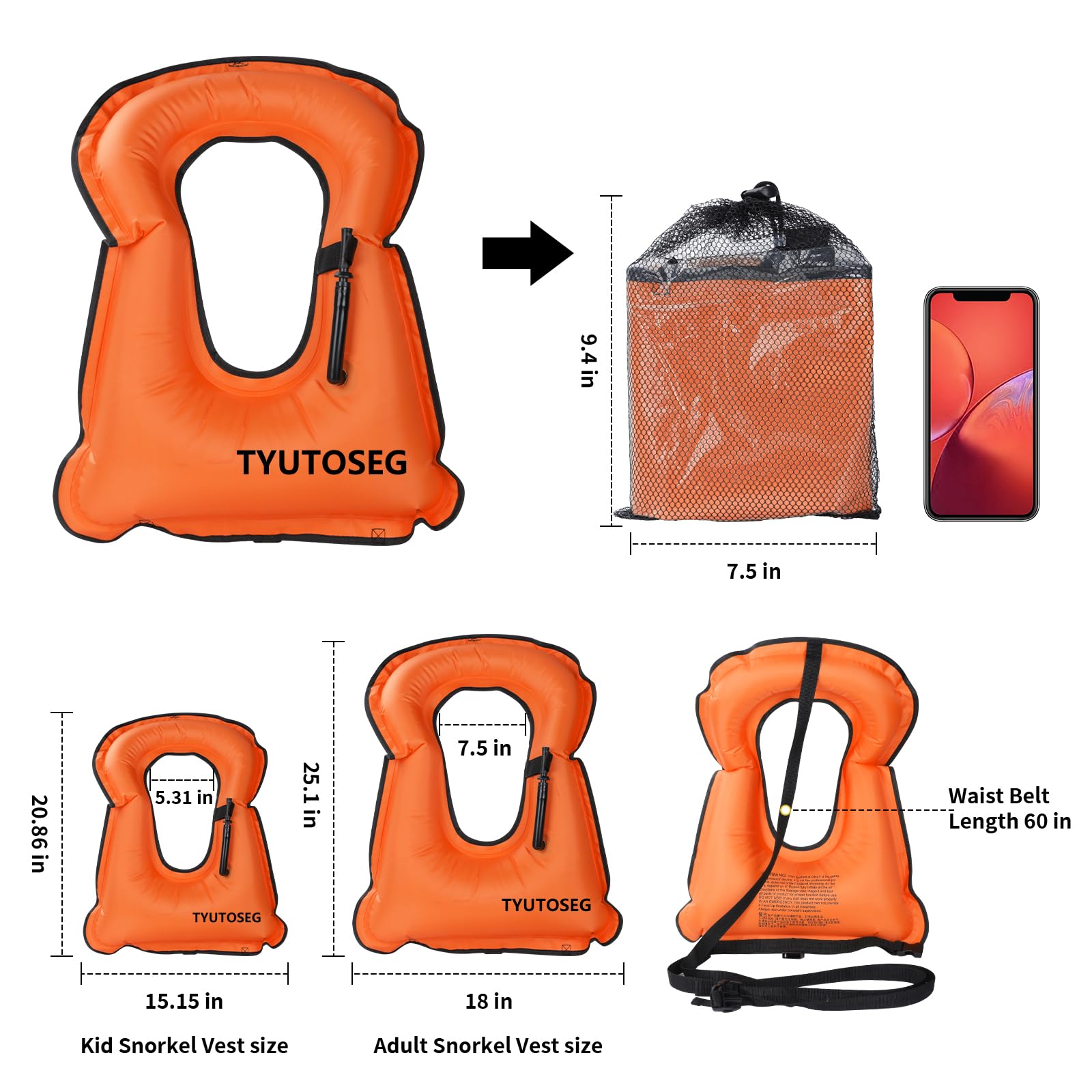 Inflatable Snorkel Vest Adult, Snorkeling Jackets,Buoyancy Vest for Snorkeling Boating, Safety Load Up to 220 Ibs