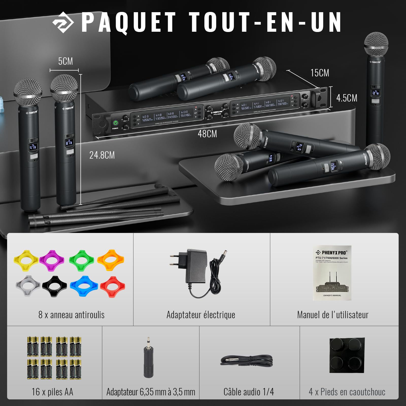 Phenyx Pro Système Micro sans Fil UHF 8 Canaux Auto Scan PTU-6000-8H