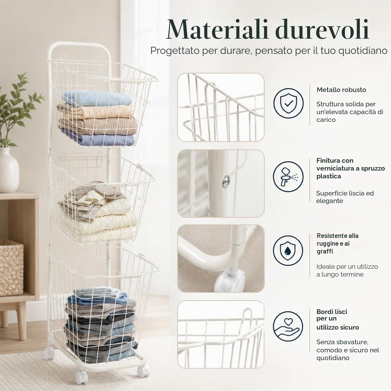 Cesto portabiancheria a 3 scomparti, con 4 ruote e cestini rimovibili | Cestino per bucato in metallo a 3 livelli, bianco. Capacità di 22 libbre per scaffale. Cassetti rimovibili con maniglie
