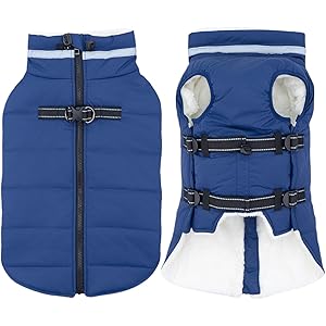 Mklhgty Large Dog Coat with Harness Built-in, Waterproof Reflective Fleece Lined - Warm Windproof Winter Jacket with Back Zipper, Cold Weather Snow Dog Coats - Blue - 2XL