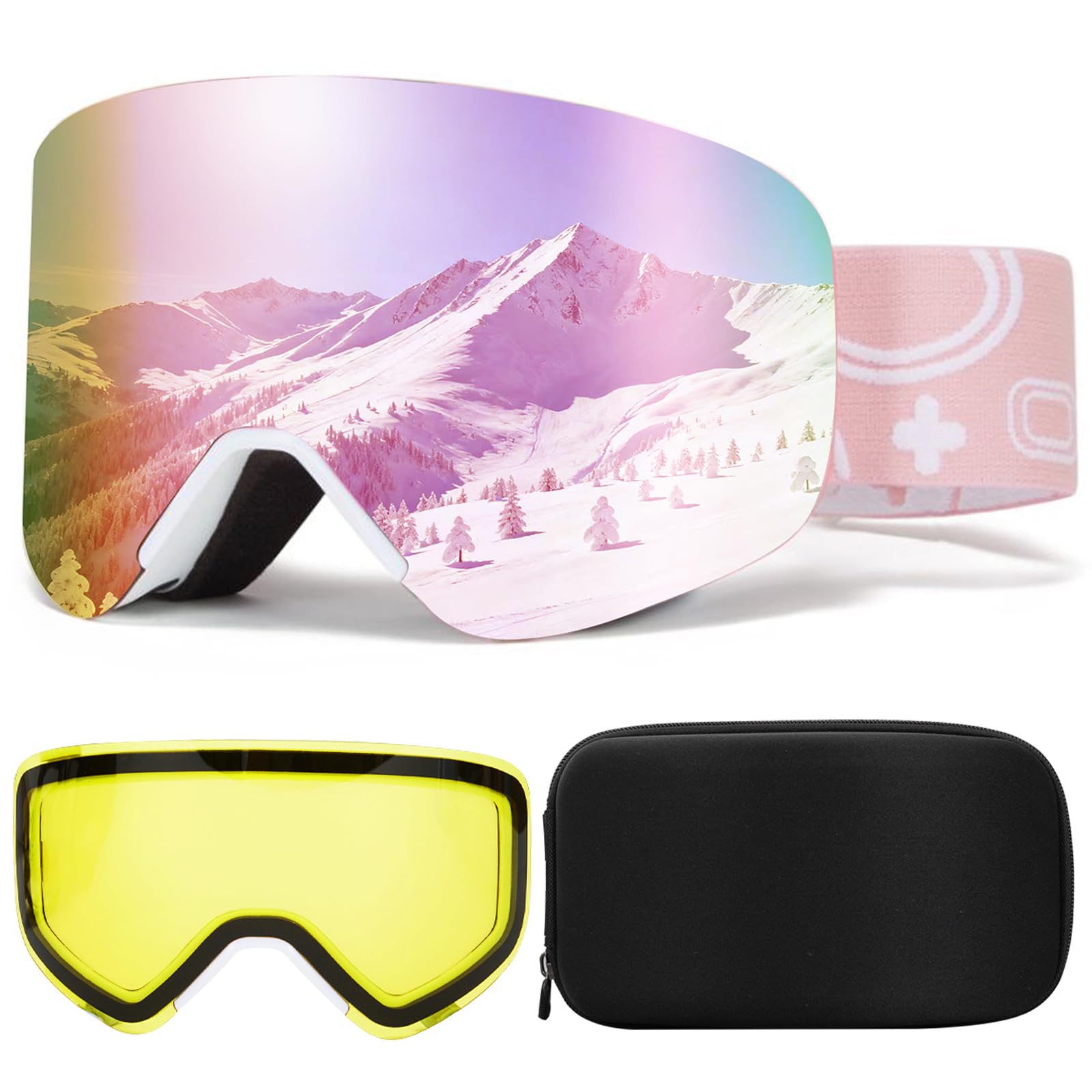 Gogle narciarskie, OTG, gogle snowboardowe, magnetyczne wymienne soczewki, ochrona przed promieniowaniem UV, przeciwmgielne, YH879B dla mężczyzn i kobiet (biała rama, pełna Revo Pink-VLT 16%)