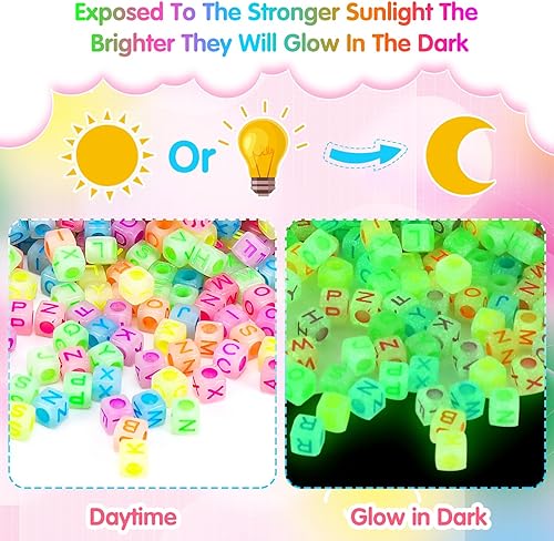 Miniatura 3 de Augshy 1400 cuentas cuadradas de acrílico del alfabeto que brillan en la oscuridad, cuentas de letras de la A a la Z para pulseras, collares, cordón