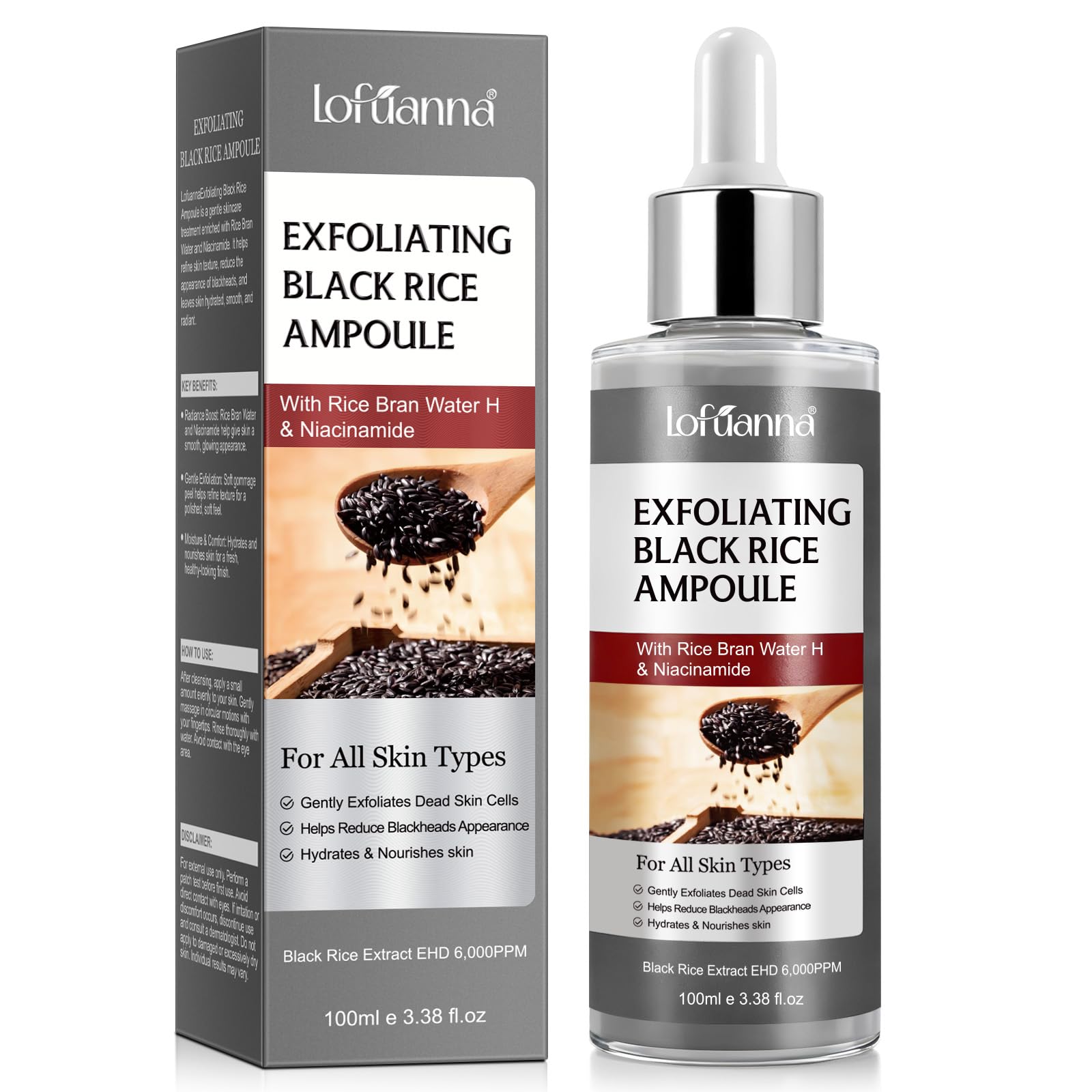 Black Rice Peeling Serum 100ml, Esfoliante Viso Delicato, Siero Esfoliante Riso Nero, Rimuove Cellule Morte e Punti Neri, Minimizza Pori, Niacinamide & Estratto di Riso Nero, Pelle Luminosa e Liscia