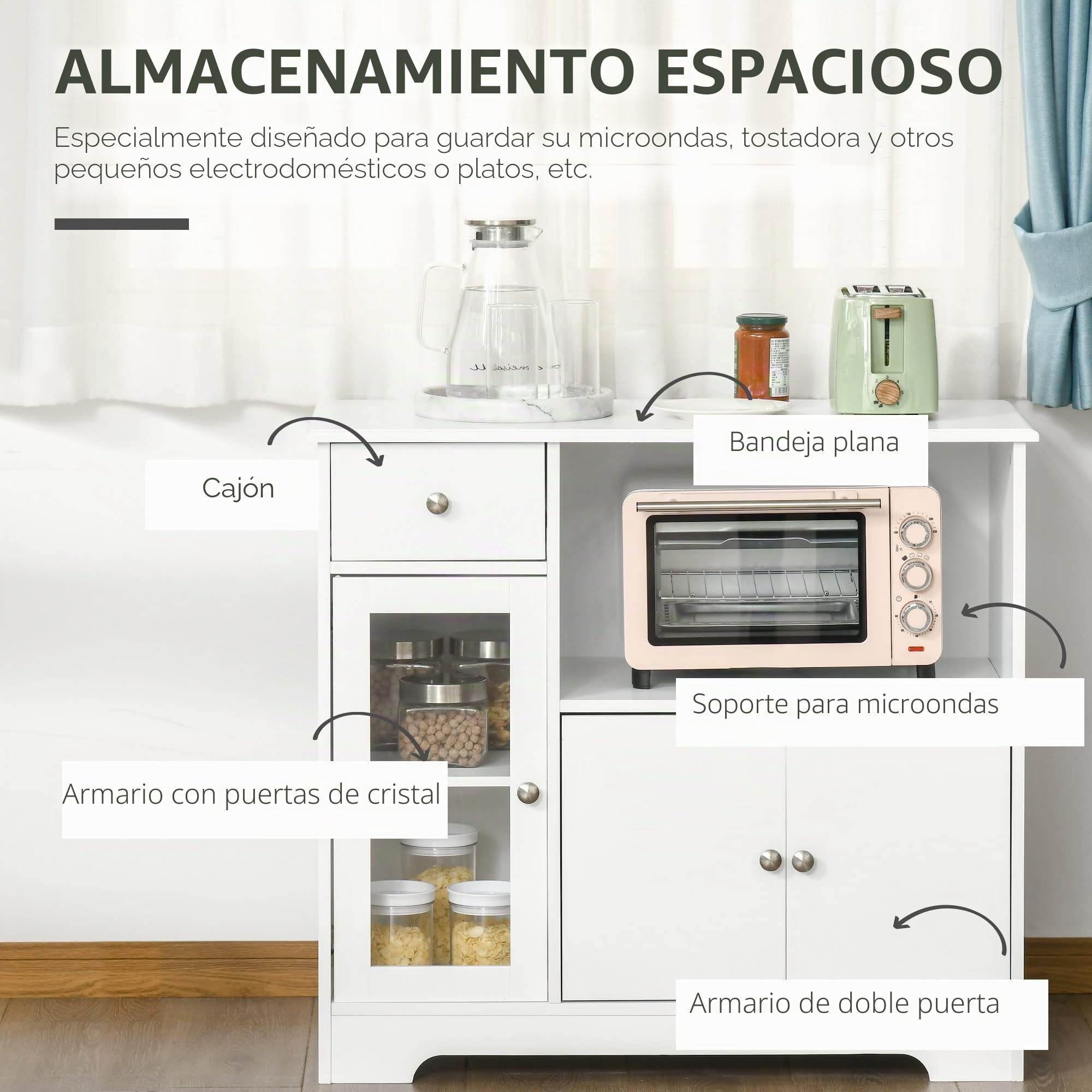 HOMCOM Aparador Armario para Microondas Vitrina 90x40x82cm Blanco Madera | Unidad de almacenamiento para cocina y comedor