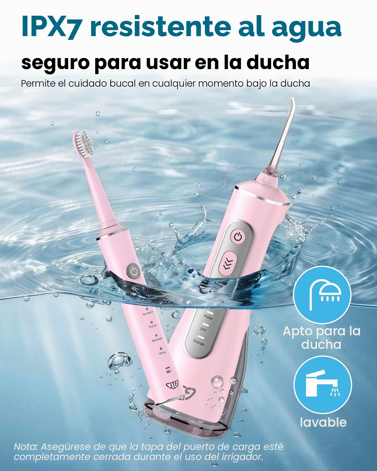 JTF Cepillo de Dientes Eléctrico y Irrigador Bucal 2-en-1 – Kit de Higiene Bucal Portátil para una Limpieza Eficaz y Suave, Múltiples Modos para Brackets y Encías Sensibles, Inalámbrico(Rosa)