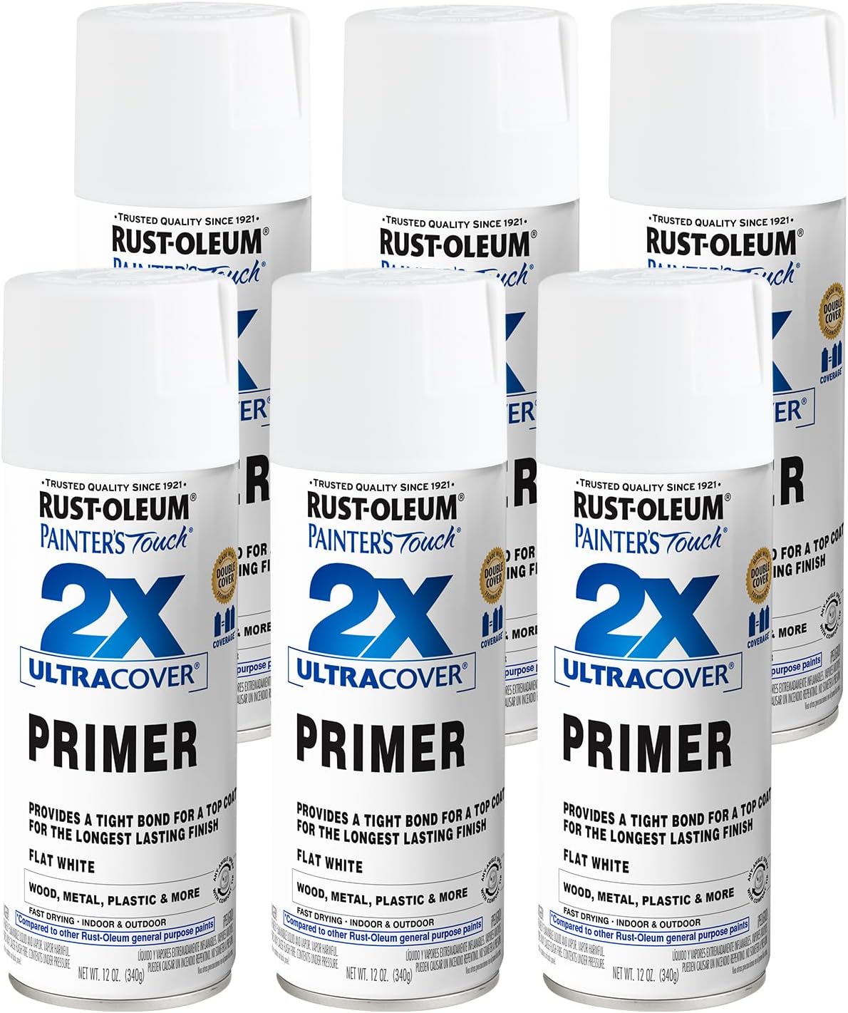 Rust-Oleum 334019-6PK Painter's Touch 2X Ultra Cover Spray Primer, 12 oz, Flat White, 6 Pack