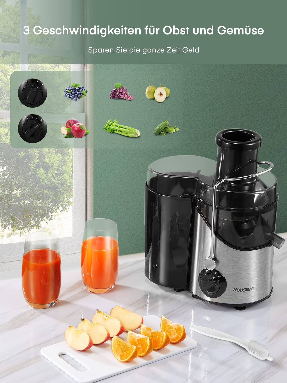 HOUSNAT Entsafter Gemüse und Obst, Max 800W Juicer Machine aus Edelstahl mit 3 Geschwindigkeitsstufen, 65mm Großem Mund Zufuhrschacht Zentrifugal Entsafter, Leicht zu Reinigen, BPA-frei, 400W