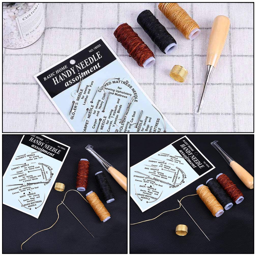 HEALLILY 12 Pcs/Set Leather Craft Sewing Kit with Copper Thimble Wax Threads Awl Needles Leather Working Tools for Leather Craft DIY Supplies 2