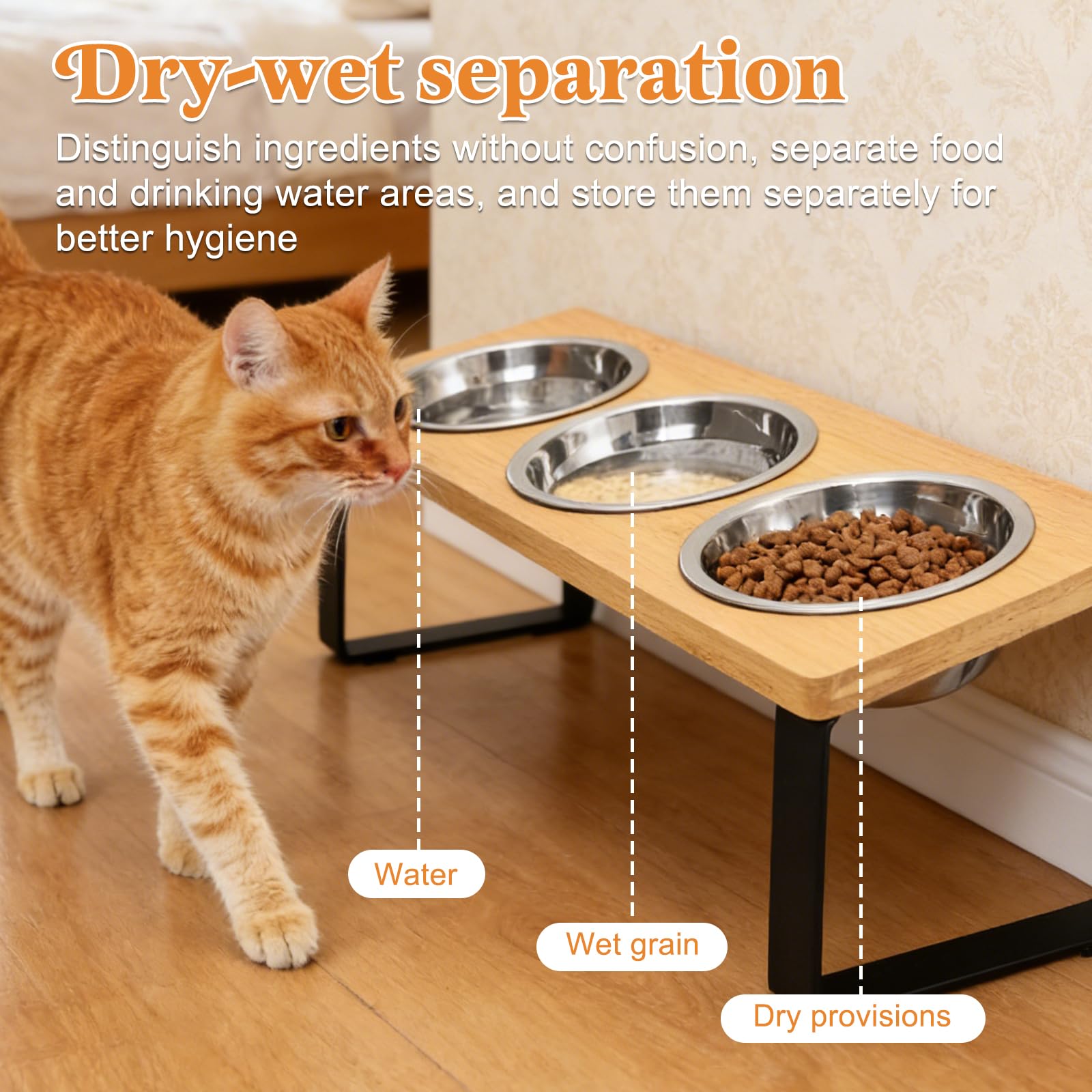 Gamelle Surélevée pour Chat, Station d'alimentation Surélevée avec 3 Gamelles en Acier Inoxydable, Ensemble de Gamelles inclinées à 15° avec Support en Bois, Gamelle pour Chat et Chien