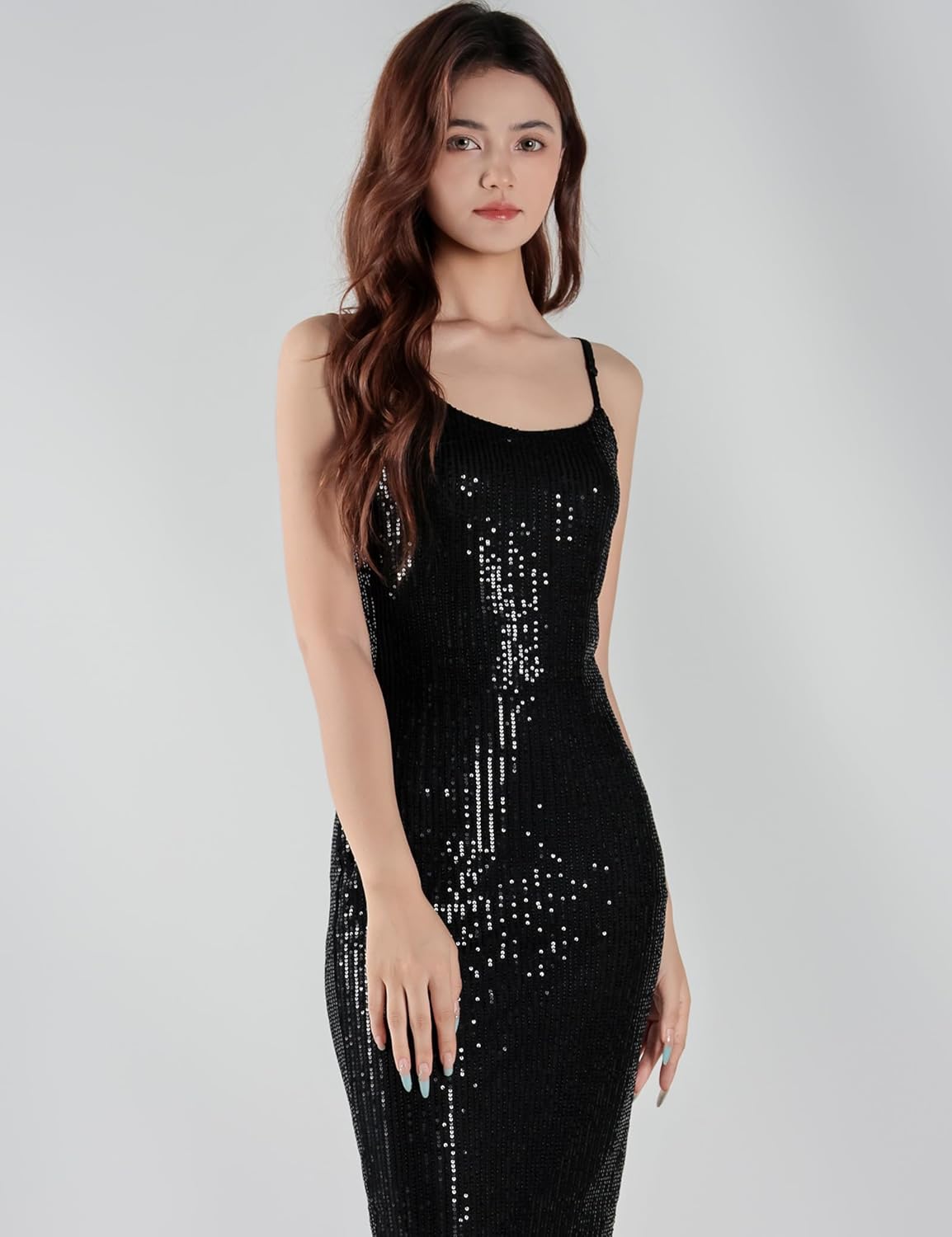 Womens Sequin Adjustable Straps Backless Cami Dresses Slim Fit Sparkly Glitter Homecoming Wedding Midi Dresses - Image 5