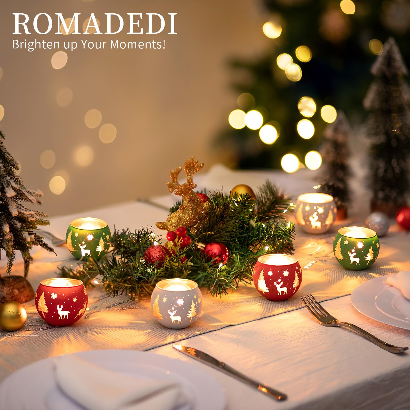 Romadedi Juego de 6 portavelas votivos para decoración de Navidad, portavelas de cristal, luz de té, café, mesa de cena, centro de mesa, decoración de Navidad, hogar, fiesta, vacaciones