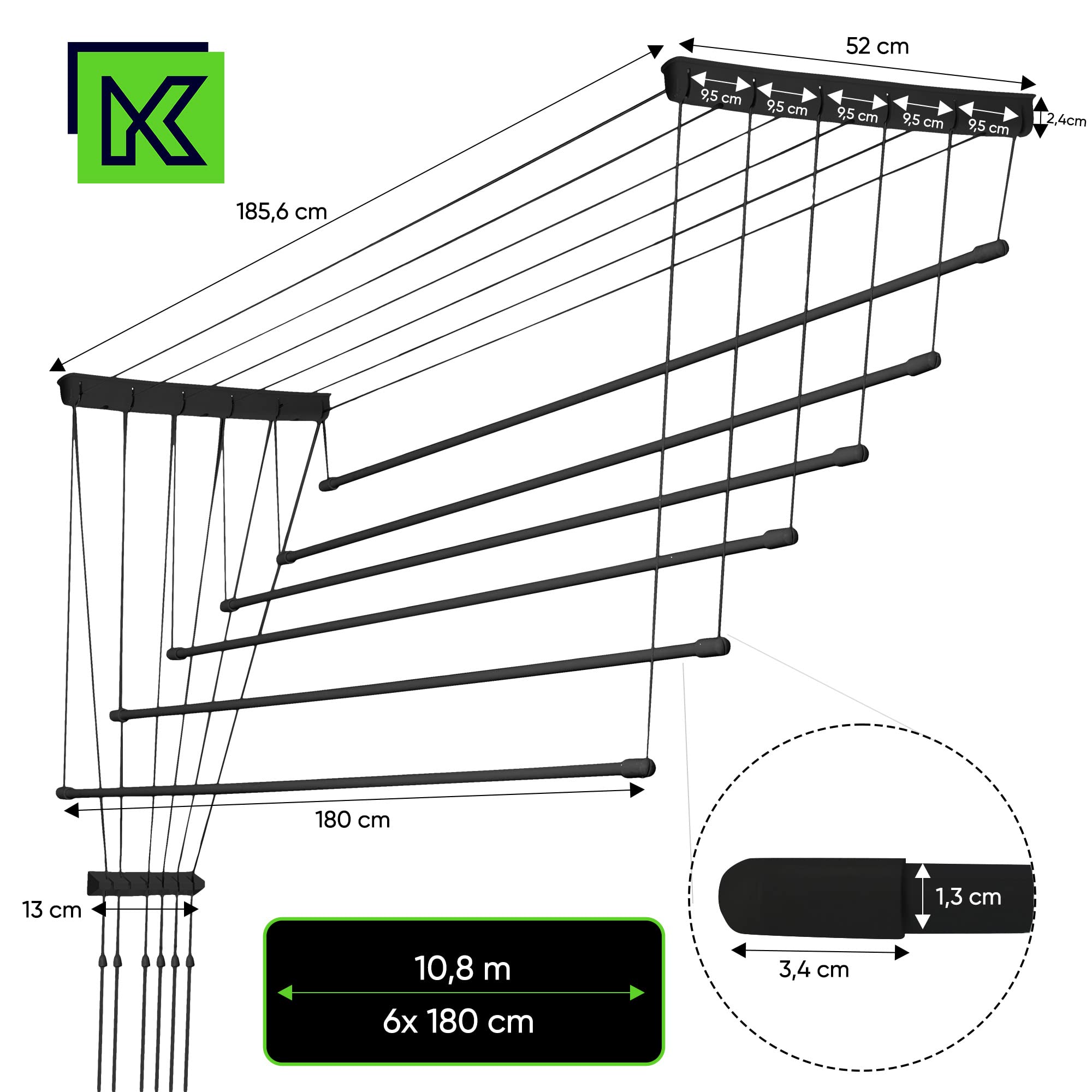 KADAX Deckenwäschetrockner, 10.8m Trockenfläche, Wäschetrockner für die Decke 6, Wandtrockner mit Polyethylen bezogenen Stahlsprossen, Deckentrockner Traglast 12kg (6x180/schwarz)