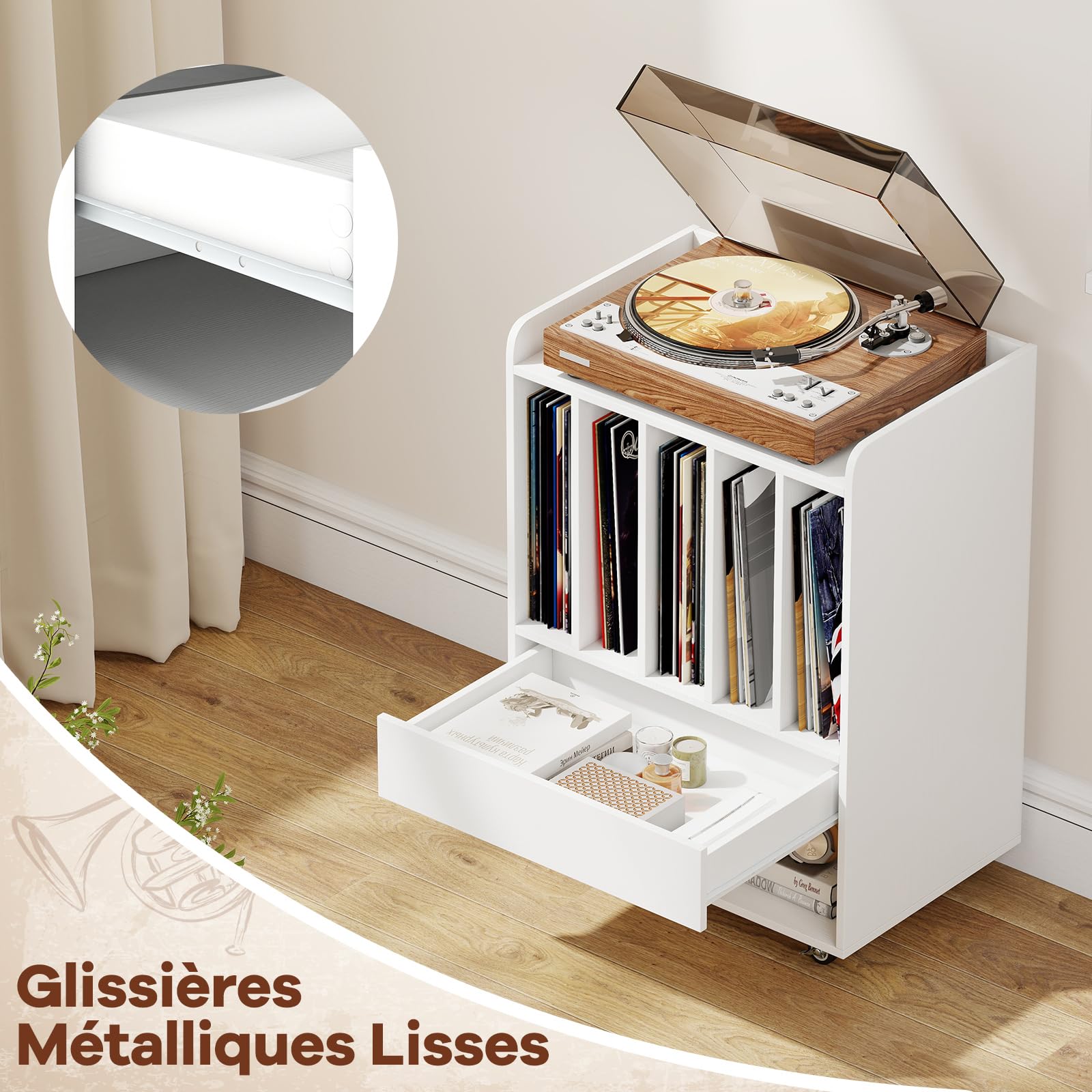 COSTWAY Meuble Platine Vinyle a Roulette avec Tiroirs, 6 Compartiments pour 150 Albums, Étagère, Meuble Rangement Hifi pour CD DVD Manga Livre, Support de Tourne-Disque pour Salon, Chambre (Blanc)