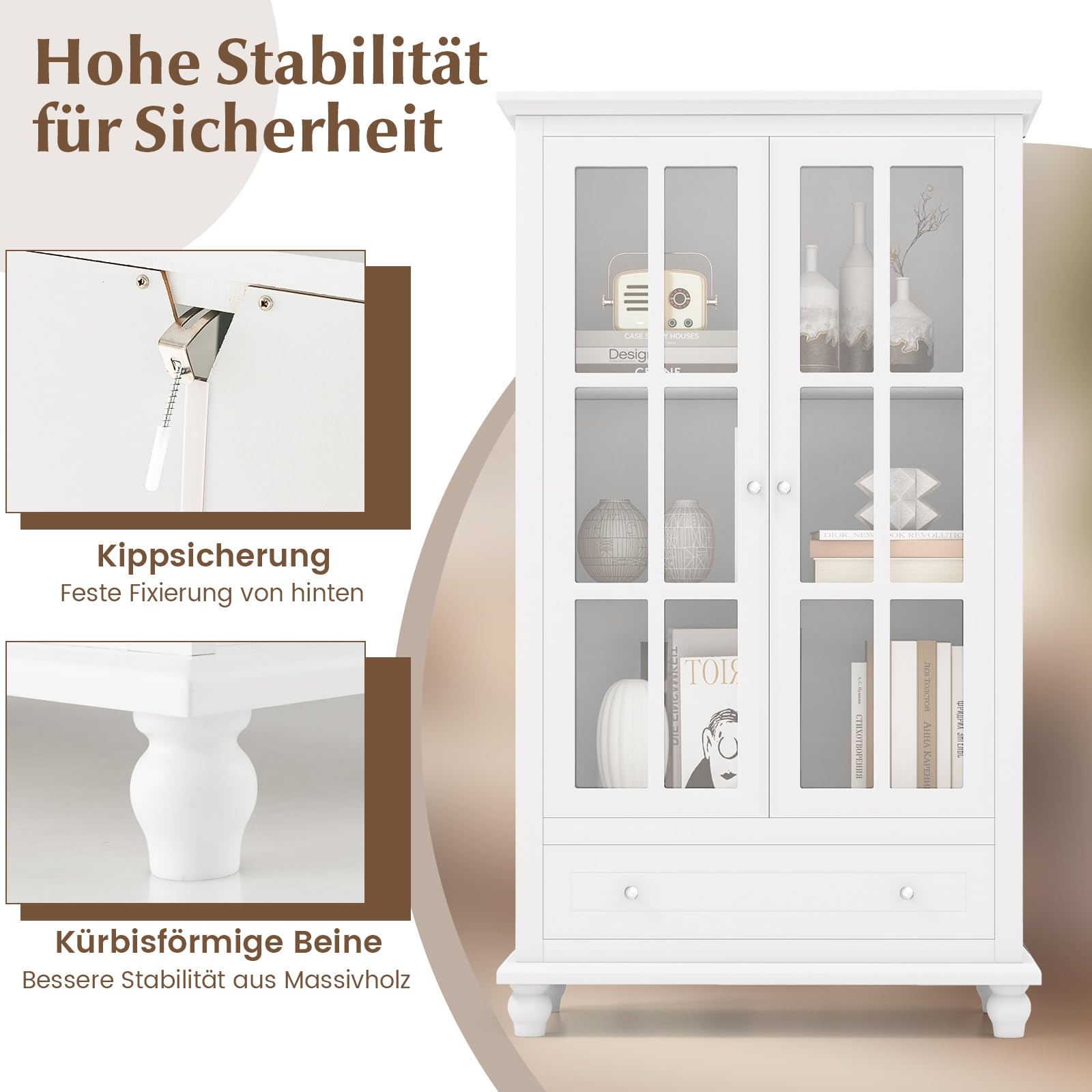 COSTWAY Bücherschrank, Vitrinenschrank mit Türen aus gehärtetem Glas, verstellbarem Regal & Schublade, Büroschrank, Aktenschrank für Heimbüro und Wohnzimmer, 80 x 40 x 139 cm, Weiß