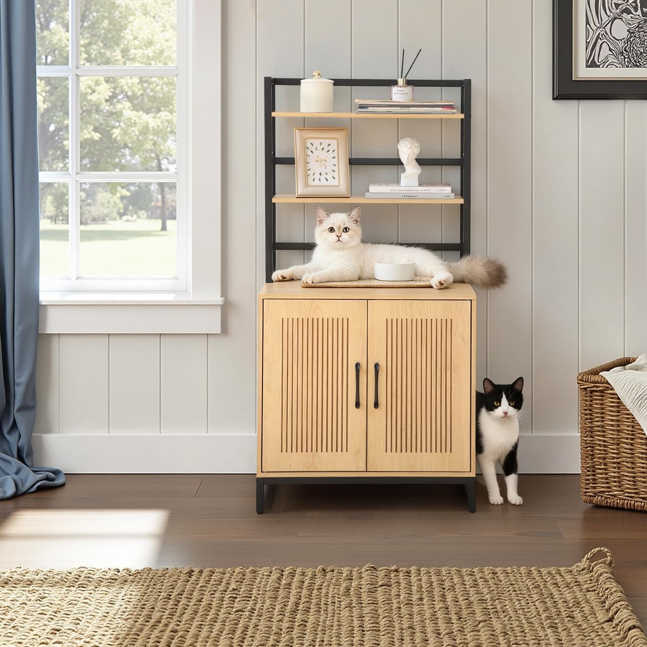 Cat Litter Box Enclosure with 2 Storage Shelves, 2-in-1 Large Hidden Wooden Pet House Furniture with Scratching Mat/Feeding Station/House Condo, Cat Cabinet with Barn Door for Entrance (Large)