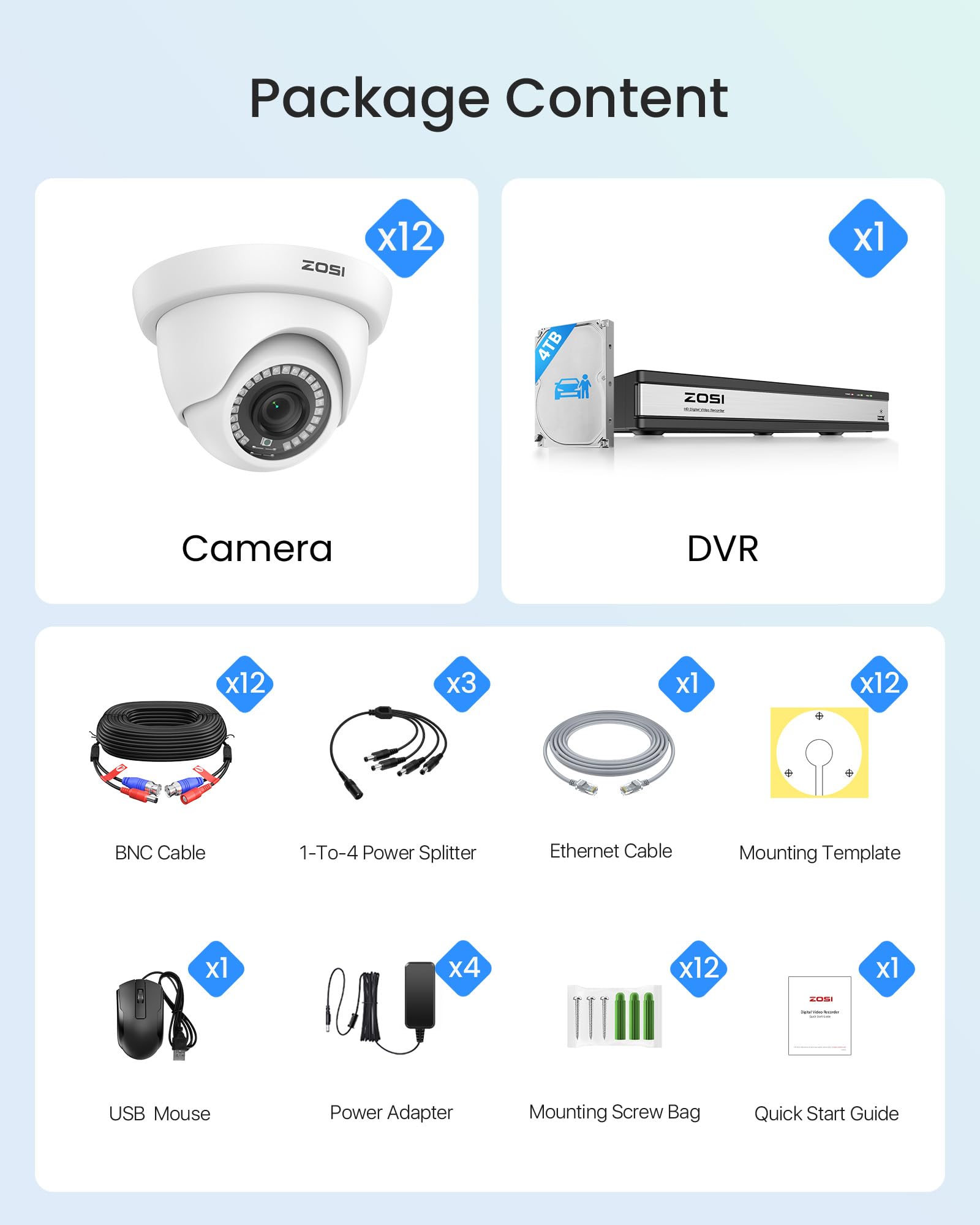 ZOSI 1080P Kit 12 Caméra Surveillance Filaire Extérieure avec DVR 16CH 4TB | Détection IA Personne/Véhicule, Angle de Vue 90°, Vision Nocturne 24m, Vidéo Surveillance 24/7 pour Domestique