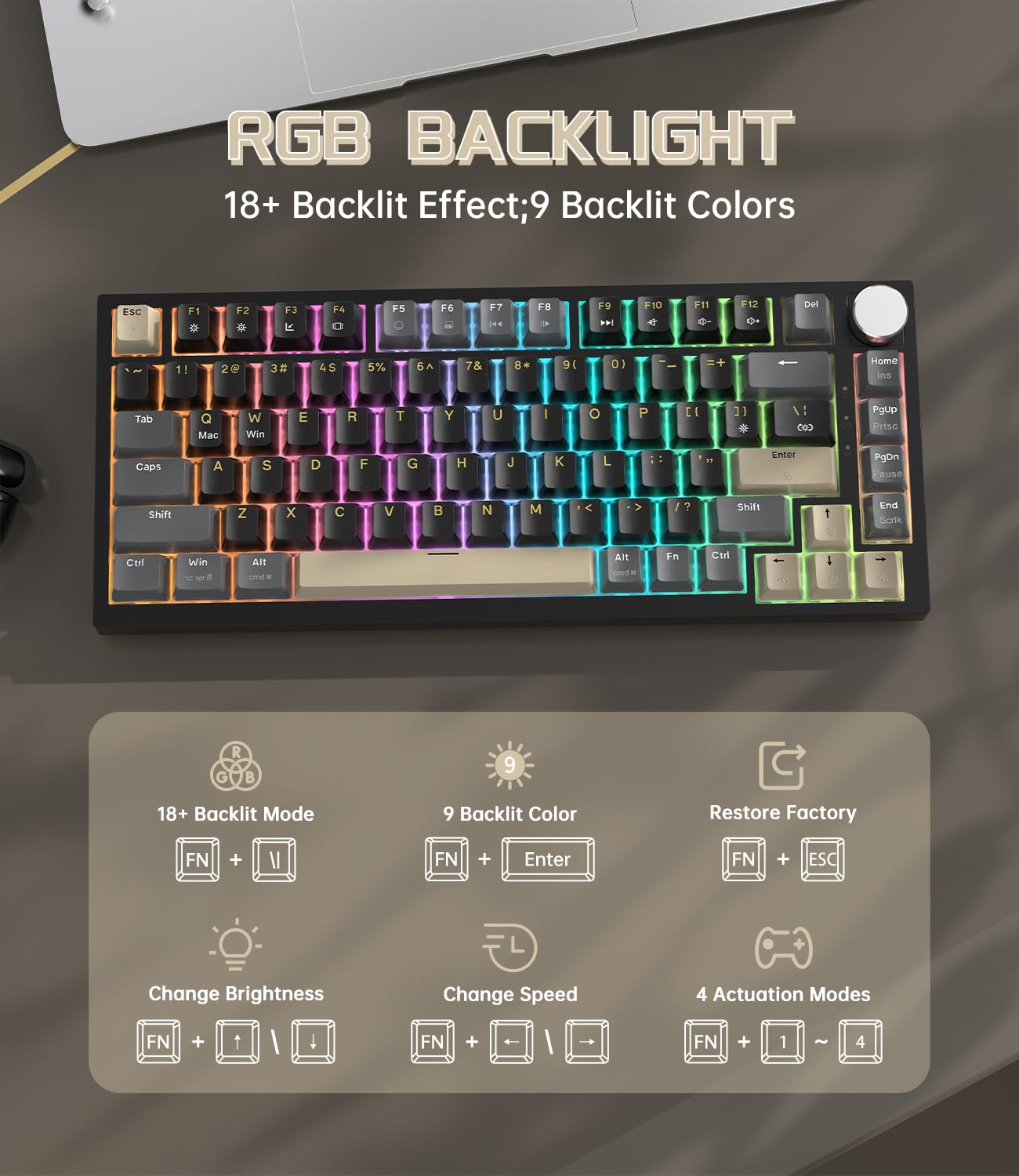 LexonElec x ATTACK SHARK K85 Przełącznik Magnetyczny 75% Klawiatura Mechaniczna, Rapid Trigger, DKS/MT/TGL, LIGHTSYNC RGB, QWERTY, TKL Przewodowa Klawiatura do Gier Gasket z Knob do Win/Mac-Czarny