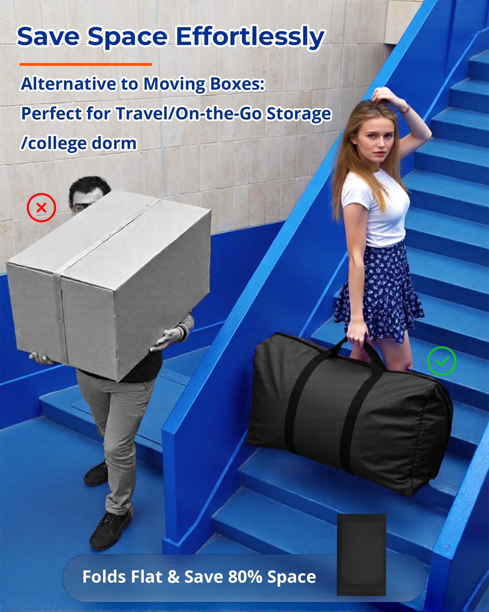 4er-Pack Umzugstaschen mit Reißverschluss und durchgehenden Griffen, robuste Aufbewahrungsbeutel für Umzug/Kleidung/Schuhe, platzsparend, faltbar, Organizer für Haushalt, Uni, Wohnung, Reisen