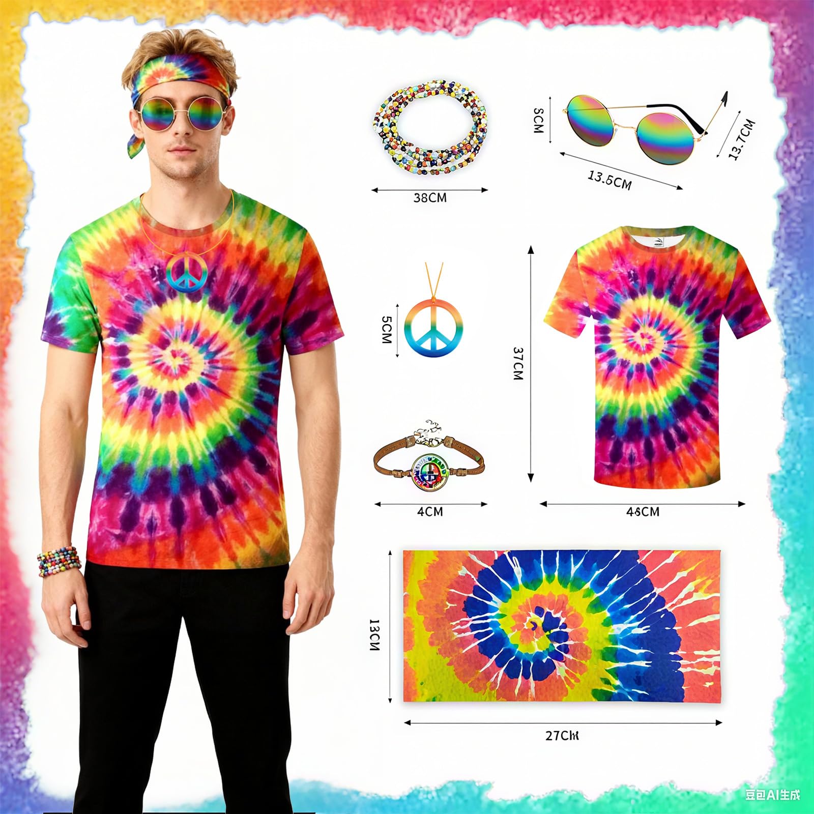 WanderGo 6 Pcs Hippie Costume for Men 80s Fancy Dress Men With Colourful T-Shirt, Peace Necklace, Hippie Sunglasses, Headband - Image 2