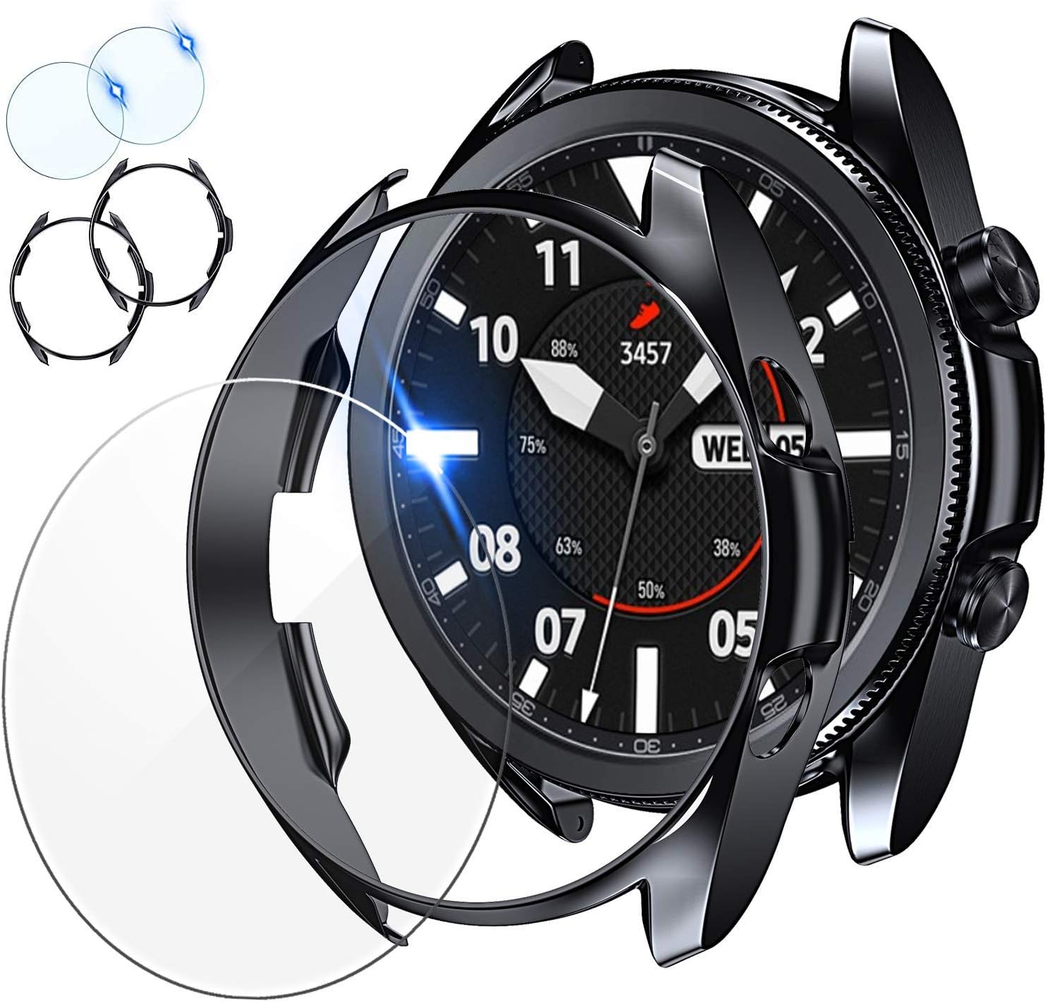 Tensea [2+2Pack Compatible Samsung Galaxy Watch 3 45mm Screen Protector and Case, 2 Pack Tempered Glass Protective Film and 2 Pack TPU Watch Cover Accessories Set for Galaxy Watch3 45, Titanium, 41mm