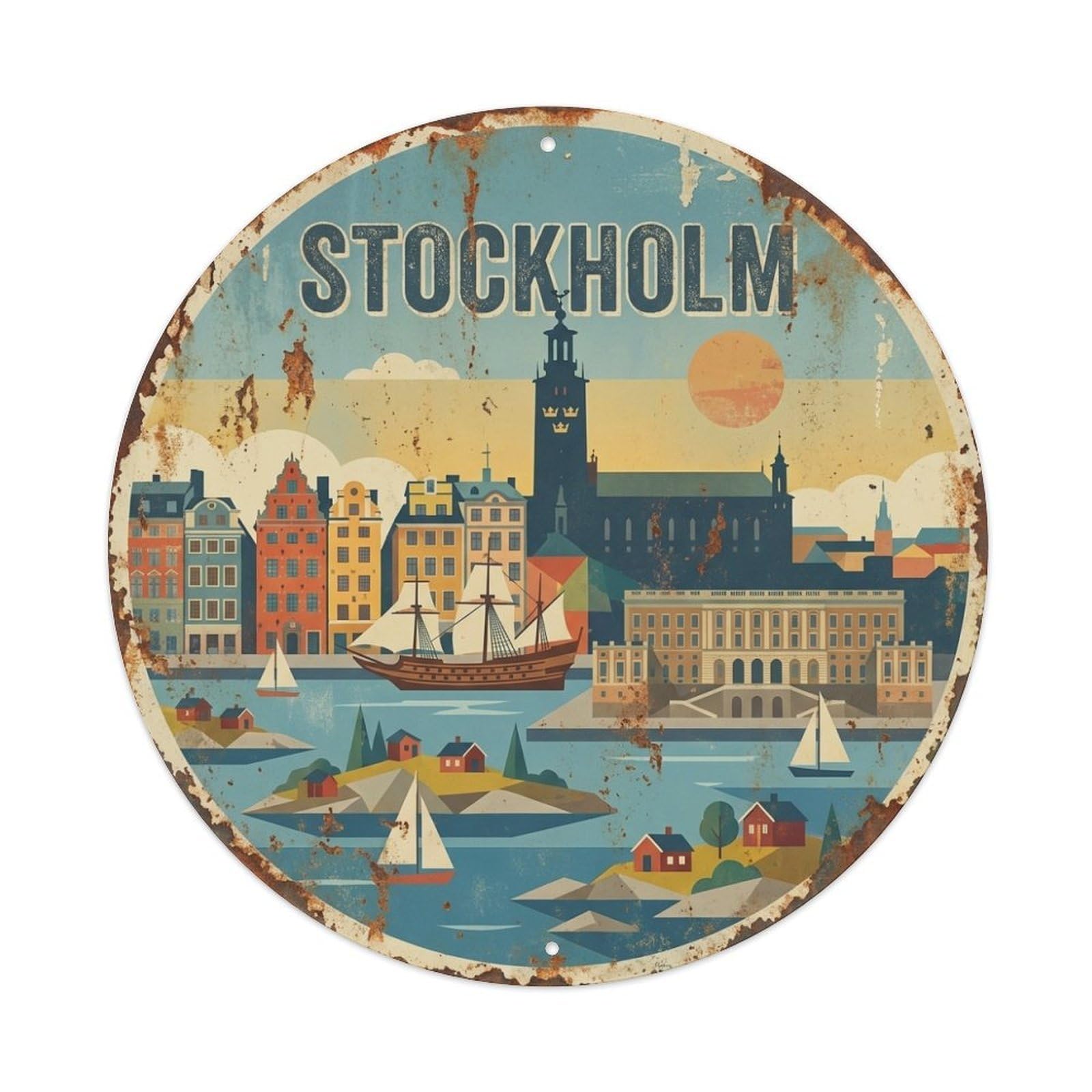Olyhtr 8X8inch Classic Style Vintage Sweden Stockholm Travel Landmark Metal Tin Sign