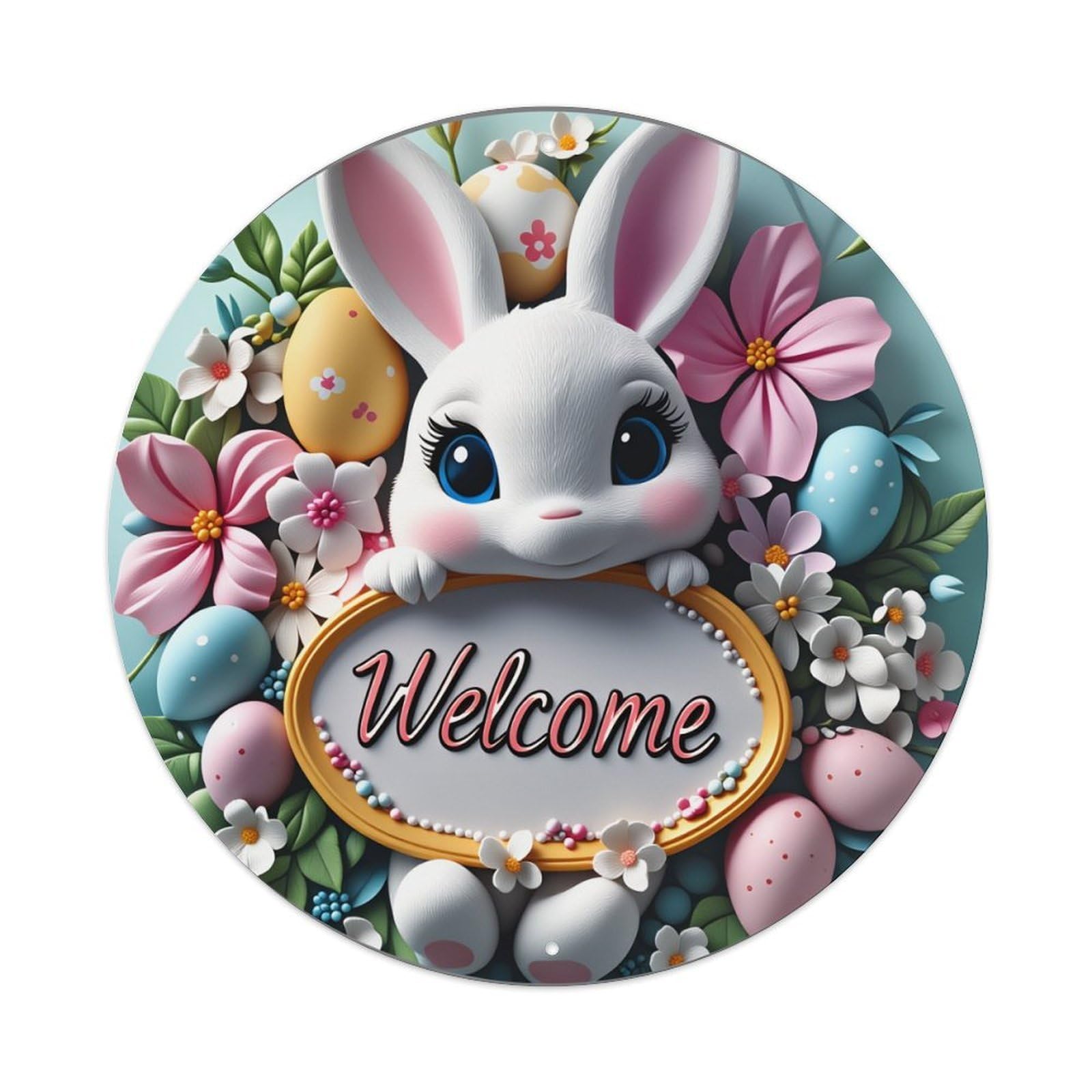 Easter Bunny Flowers Eggs Welcome Sign Round Vintage Tin Sign,Retro Wall Art,Metal Poster for Home, Bar, Garage, Cafe, Rustic Indoor & Outdoor Decor, 8x8 Inches