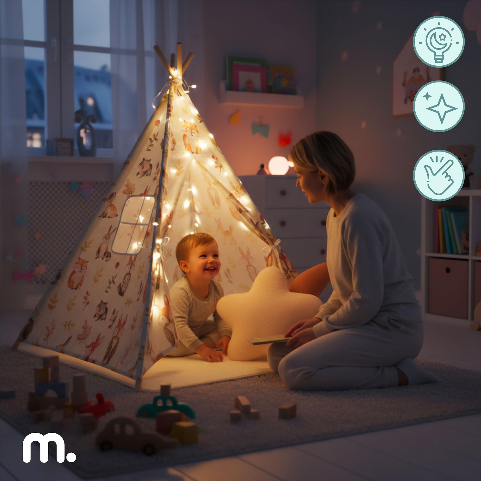 Mamabrum Tente Enfant Intérieur Forêt avec Tapis Rembourré, Coussins Décoratifs et Guirlande LED, Cabane de Jeu Chambre dès 3 Ans
