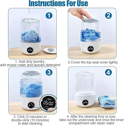 Miniatura 7 de Taza de lavandería ultrasónica portátil, taza de lavado portátil Turbo Spin - Mini lavadora inalámbrica recargable USB-C para ropa interior y