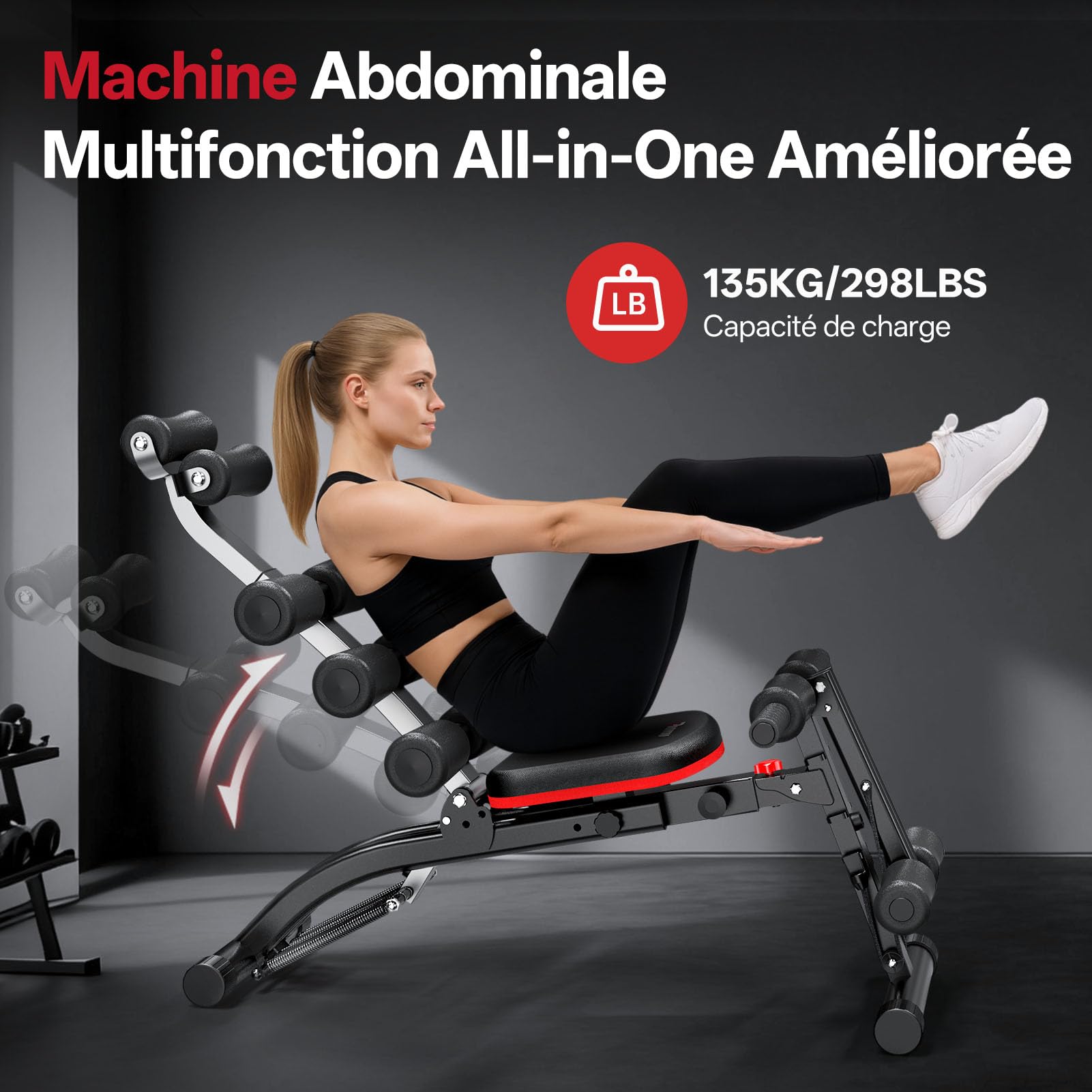 PASYOU Appareil Abdominal avec Bandes Résistantes, Entraîneur Abdominal Pliable Multifonctionnel Réglable, Banc de Musculation 135 kg pour Salle de Sport Maison, Chaise d'Exercice Corps Entier