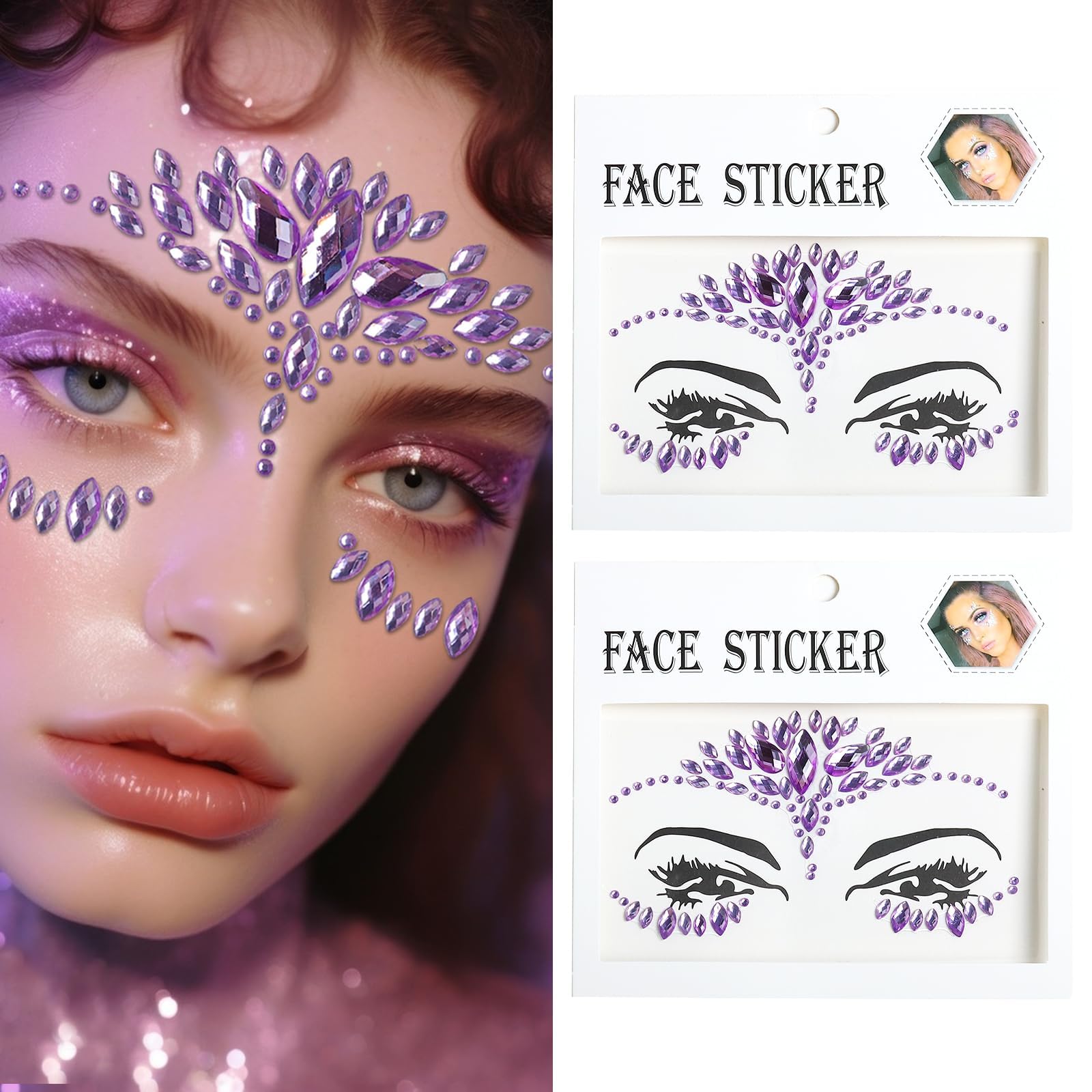Tazweeq 2Pack Mermaid Face Gems Jewels, Temporary Tattoos Decorations, 3D Crystal Sticker Rave, Self Adhesive Jewels Rhinestones, Eye Makeup, Cosplay, Holiday, Festival Party Supplies, Purple